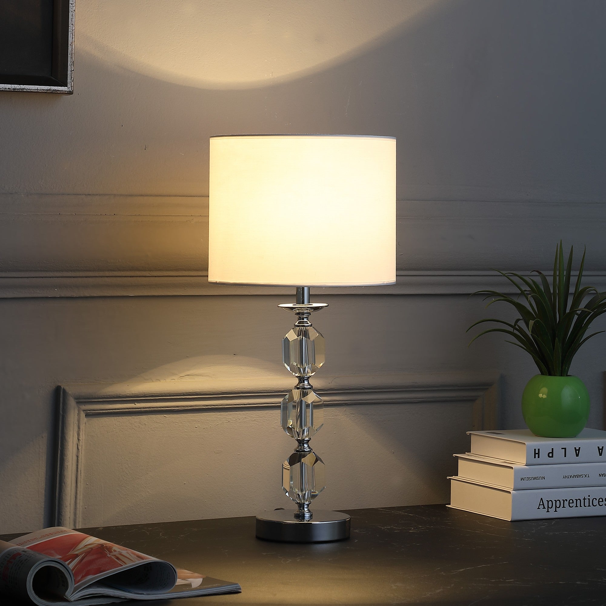 21" Silver Bedside Table Lamp With White Drum Shade-Table Lamps-DECOROLALA
