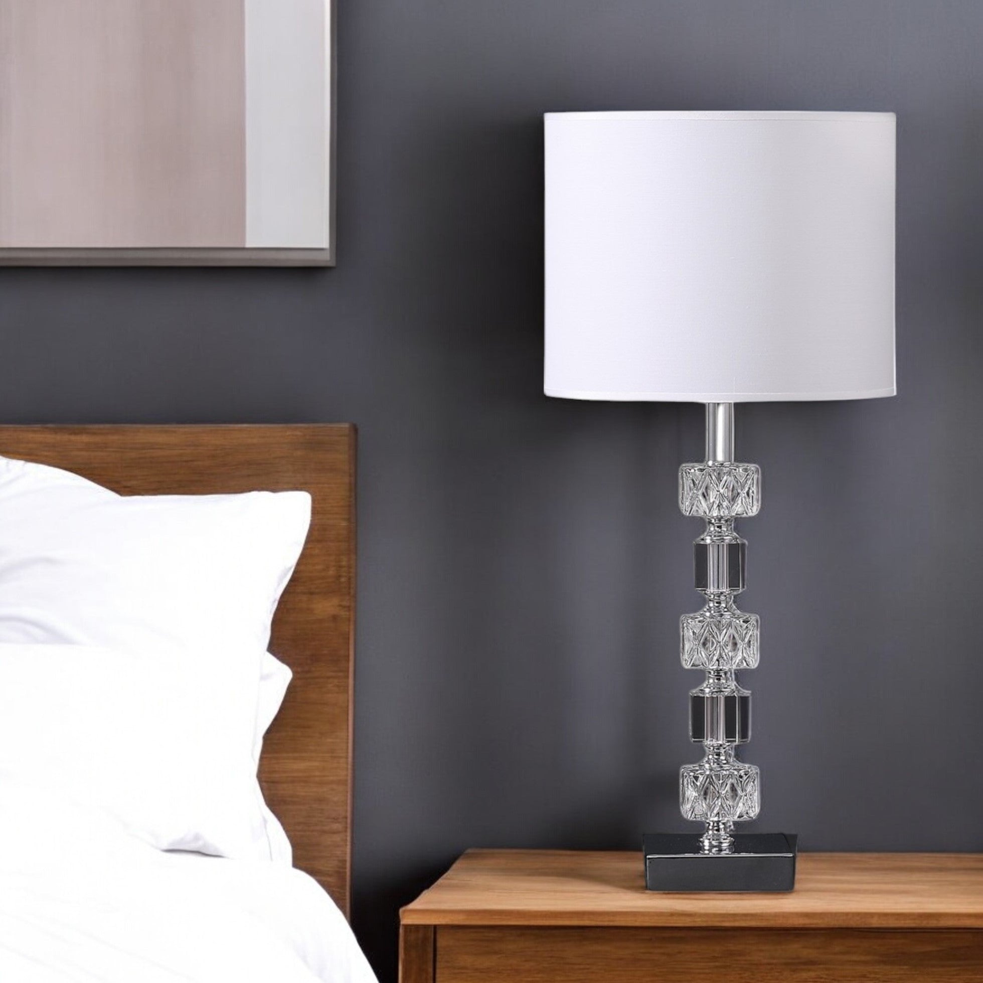 20" Silver Bedside Table Lamp With White Drum Shade-Table Lamps-DECOROLALA