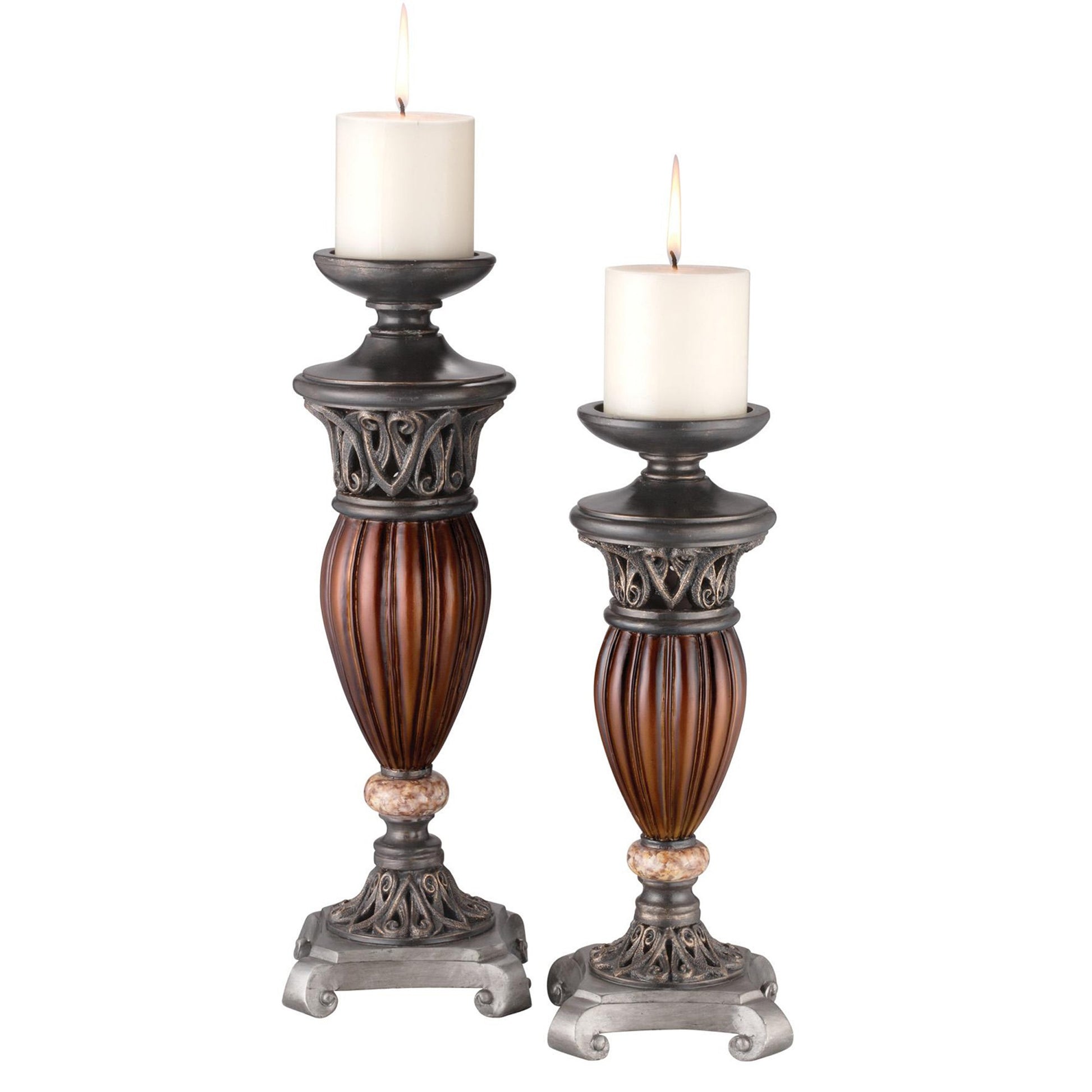 Set Of Two Bronze and Brown Tabletop Pillar Candle Holders-Candle Holders-DECOROLALA