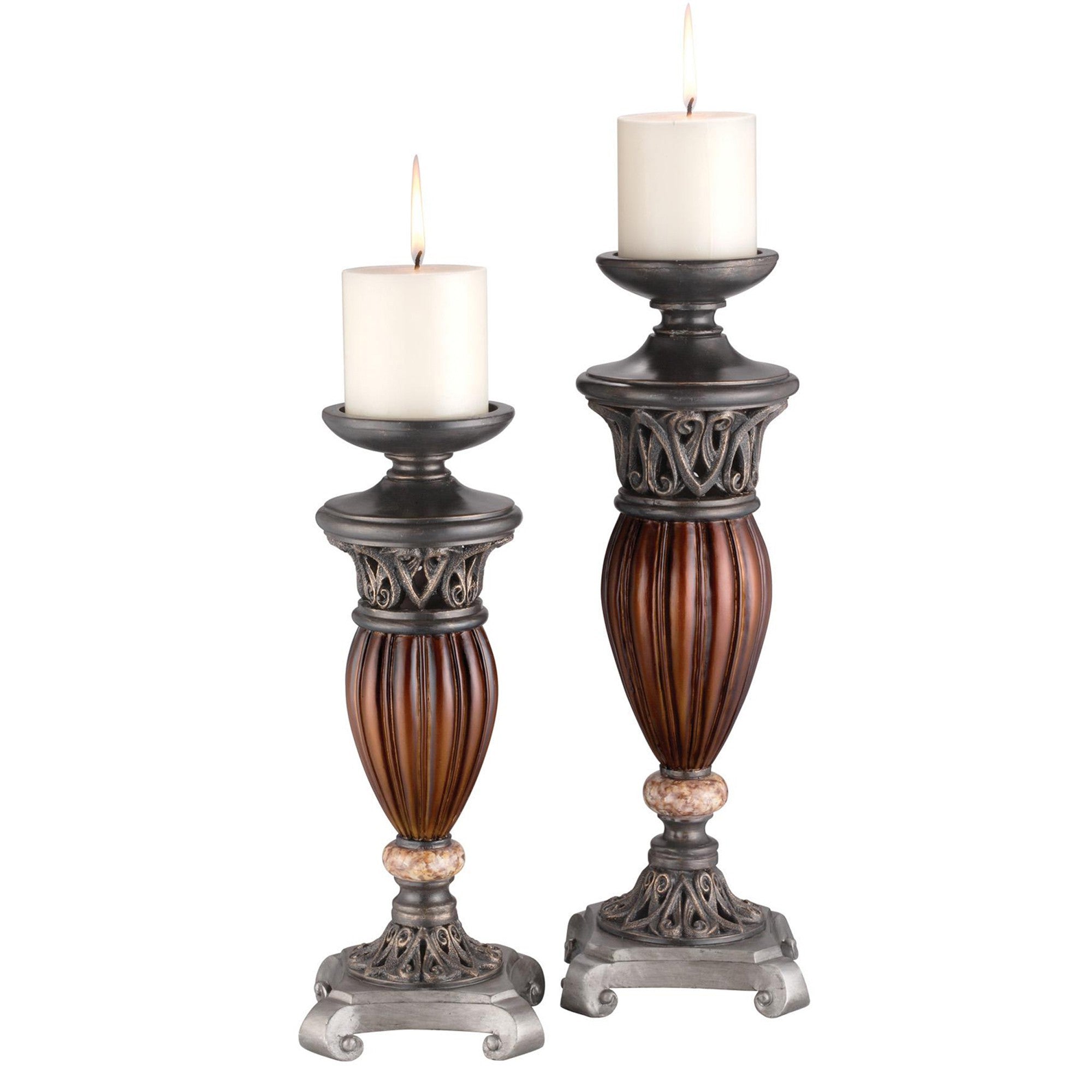 Set Of Two Bronze and Brown Tabletop Pillar Candle Holders-Candle Holders-DECOROLALA