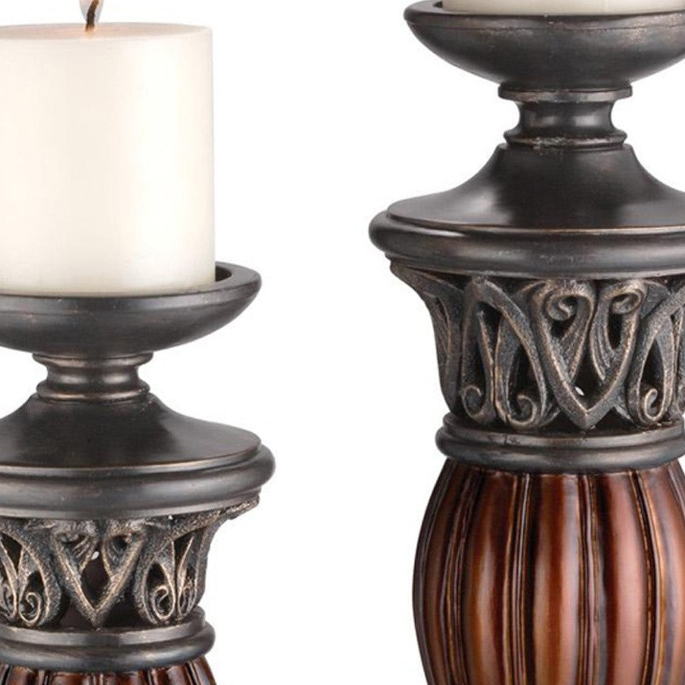 Set Of Two Bronze and Brown Tabletop Pillar Candle Holders-Candle Holders-DECOROLALA