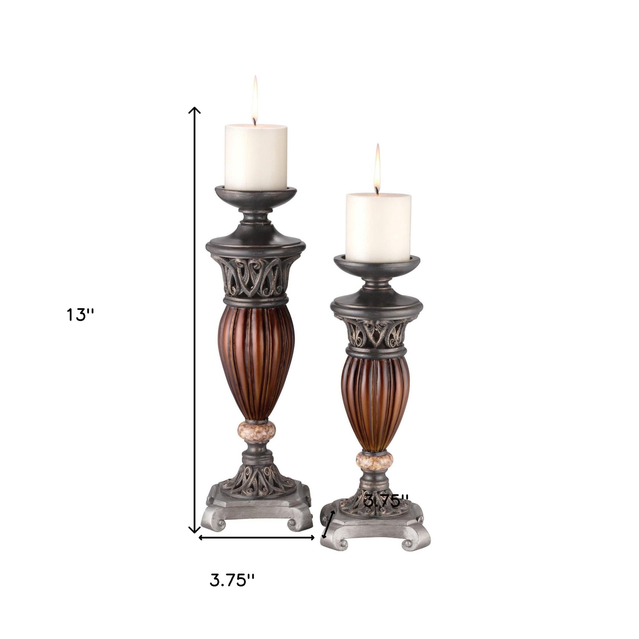 Set Of Two Bronze and Brown Tabletop Pillar Candle Holders-Candle Holders-DECOROLALA