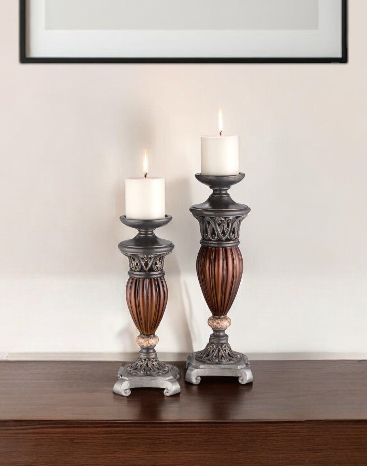 Set Of Two Bronze and Brown Tabletop Pillar Candle Holders-Candle Holders-DECOROLALA