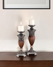 Set Of Two Bronze and Brown Tabletop Pillar Candle Holders-Candle Holders-DECOROLALA