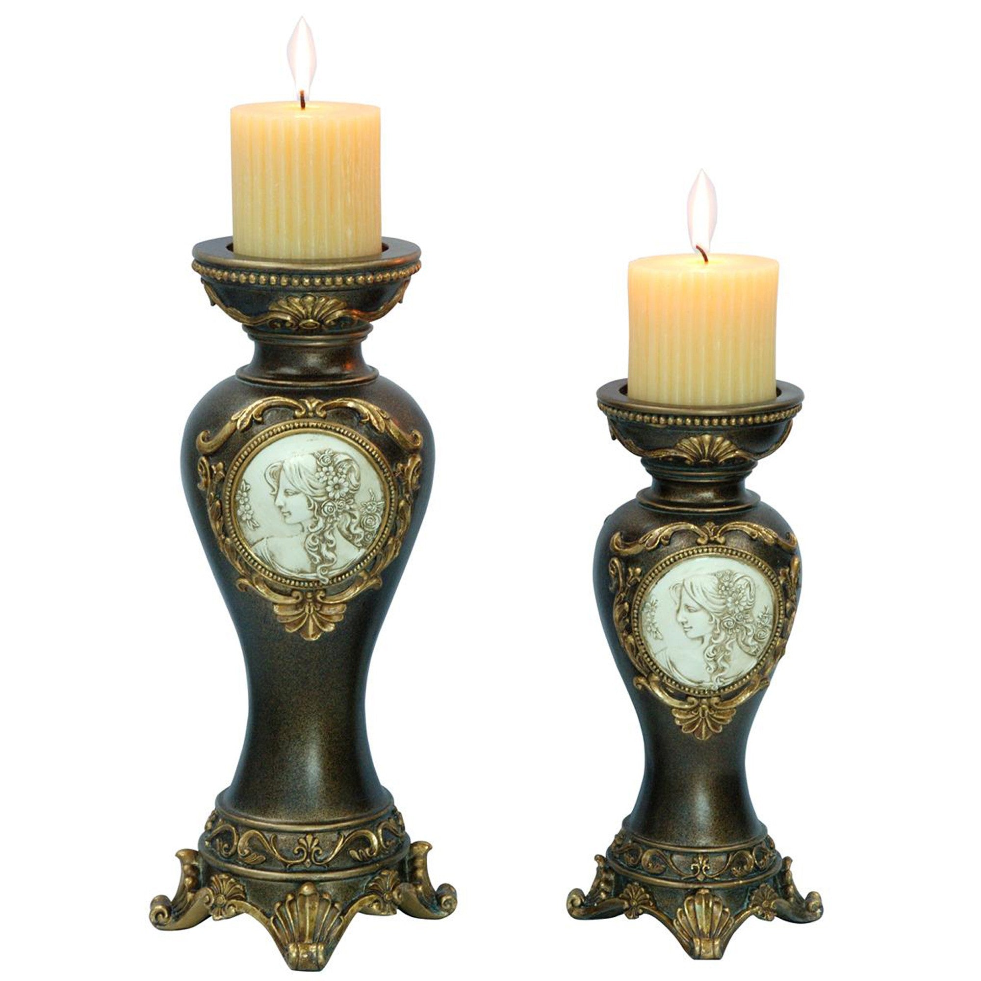Set Of Two Bronze Greek Cameo Pillar Candle Holders-Candle Holders-DECOROLALA
