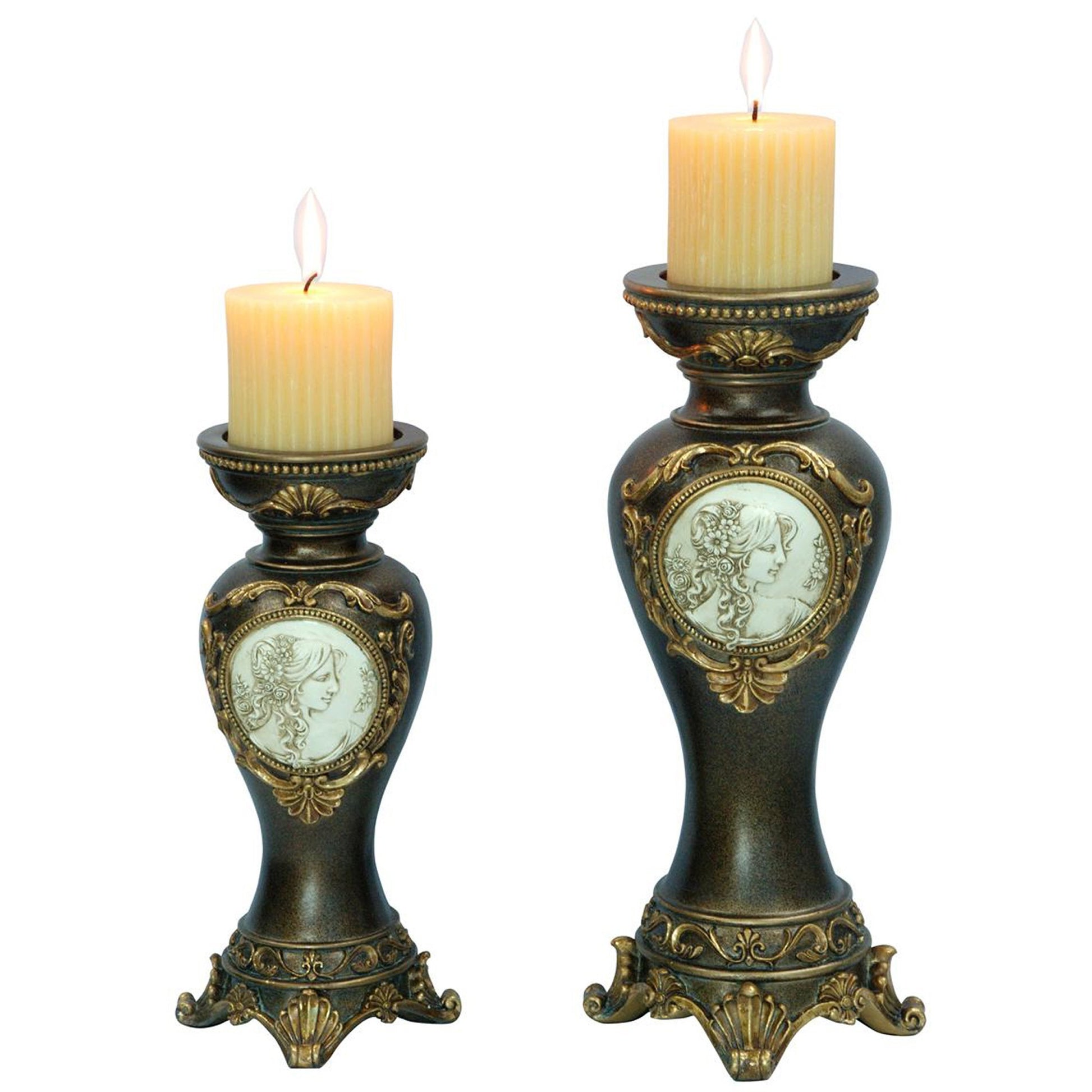 Set Of Two Bronze Greek Cameo Pillar Candle Holders-Candle Holders-DECOROLALA