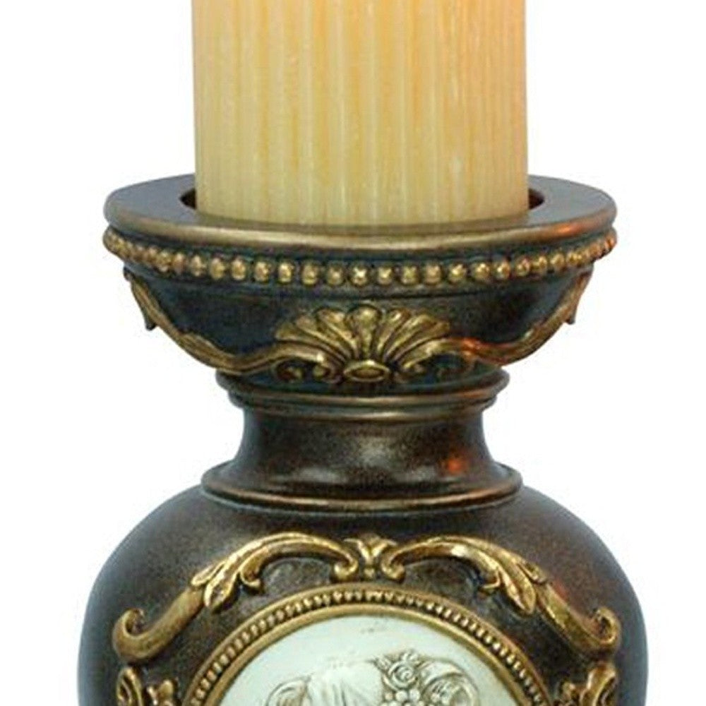 Set Of Two Bronze Greek Cameo Pillar Candle Holders-Candle Holders-DECOROLALA