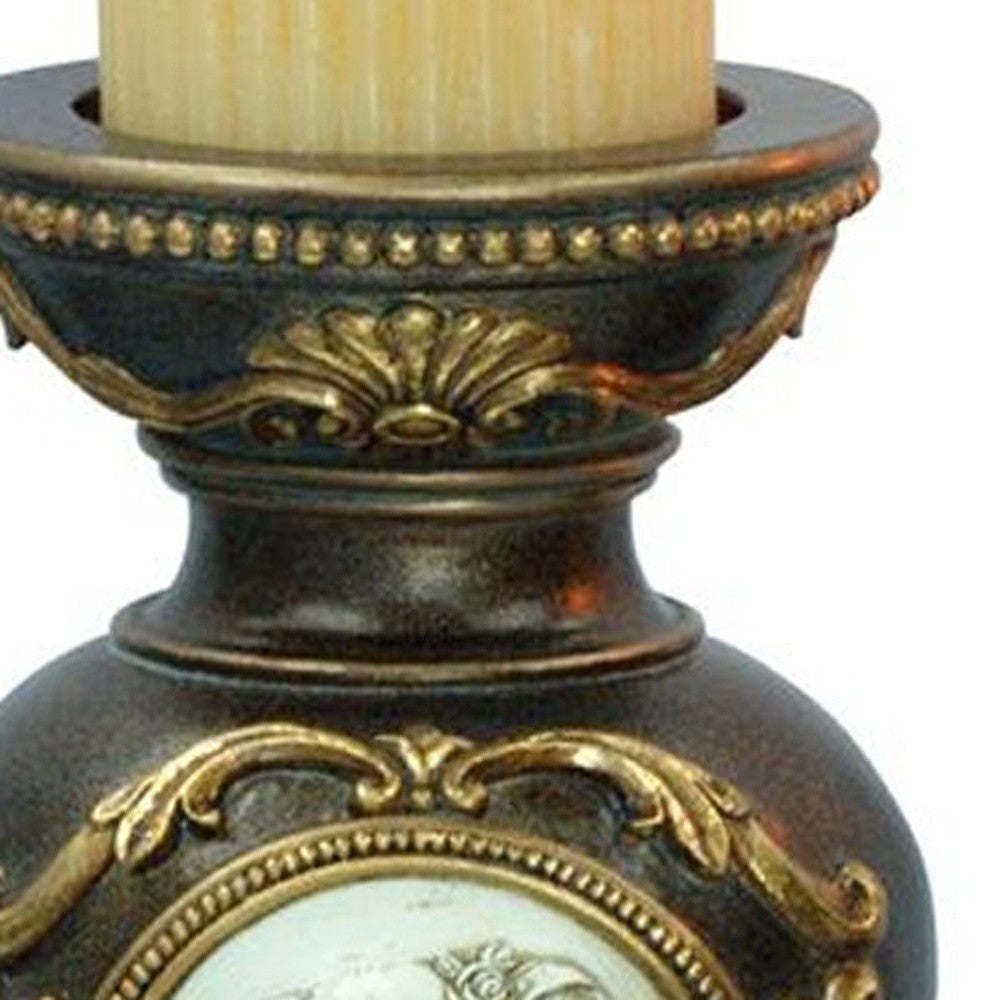 Set Of Two Bronze Greek Cameo Pillar Candle Holders-Candle Holders-DECOROLALA