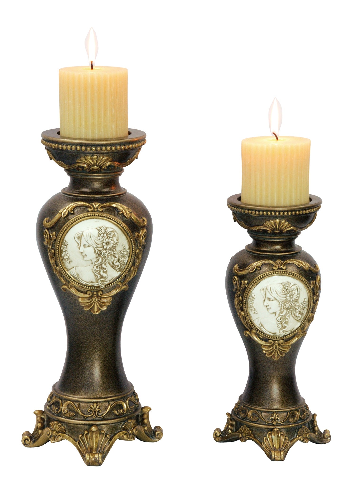 Set Of Two Bronze Greek Cameo Pillar Candle Holders-Candle Holders-DECOROLALA