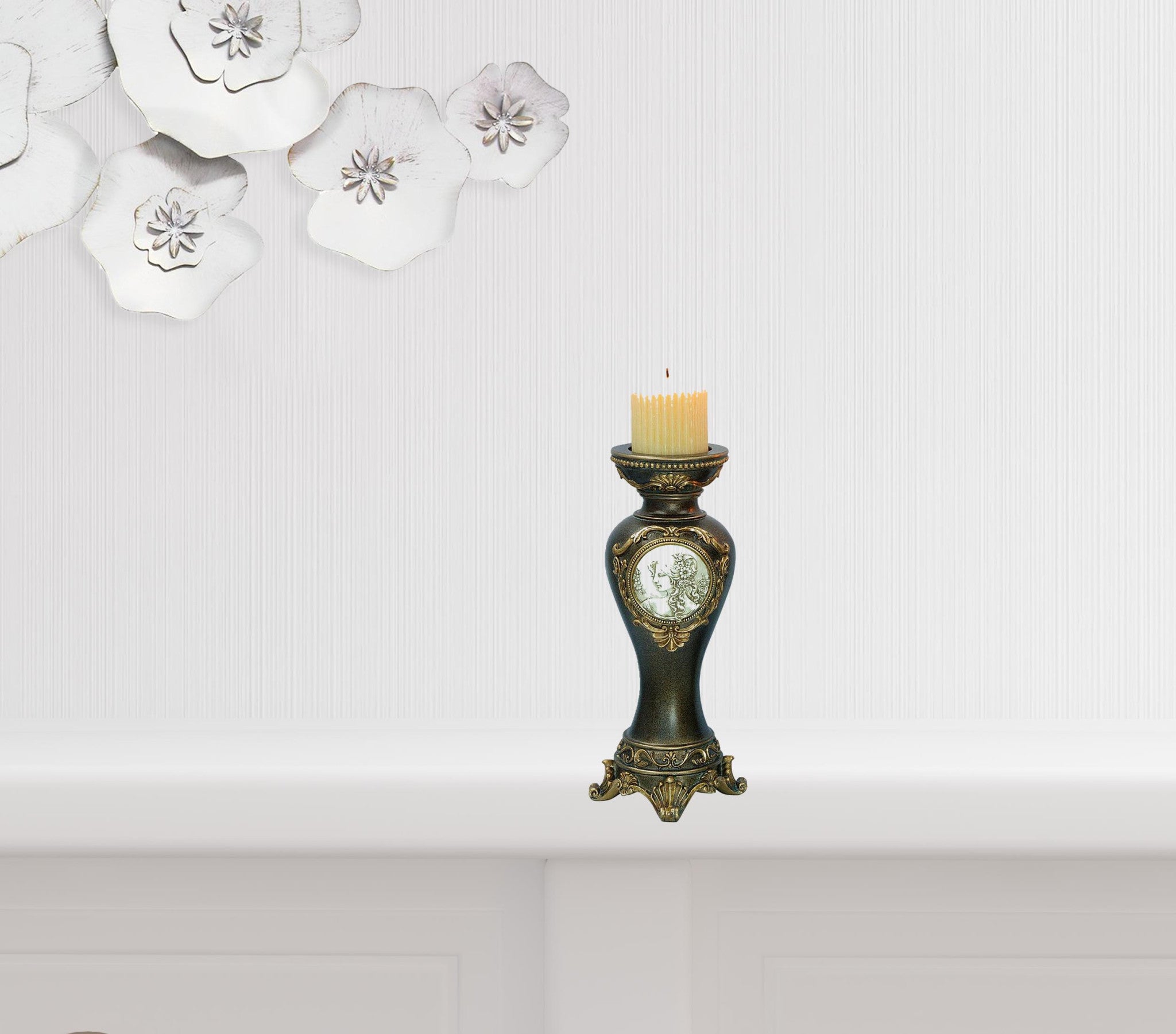 Set Of Two Bronze Greek Cameo Pillar Candle Holders-Candle Holders-DECOROLALA