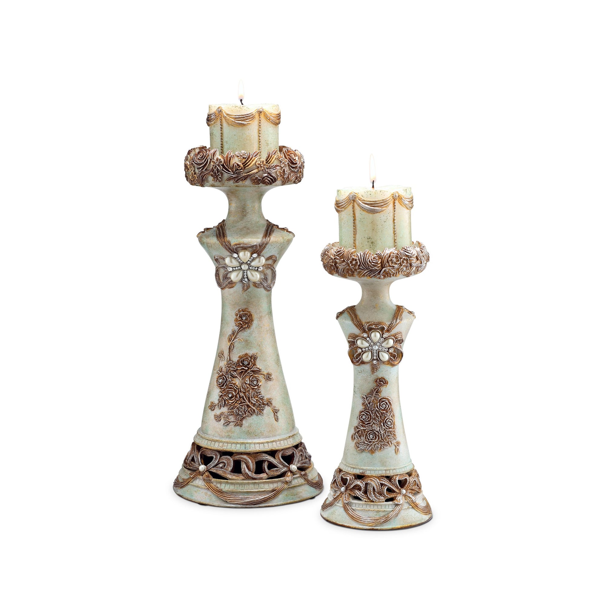 Set of 2 Beige And Brown Vintage Pillar Tabletop Candle Holders-Candle Holders-DECOROLALA
