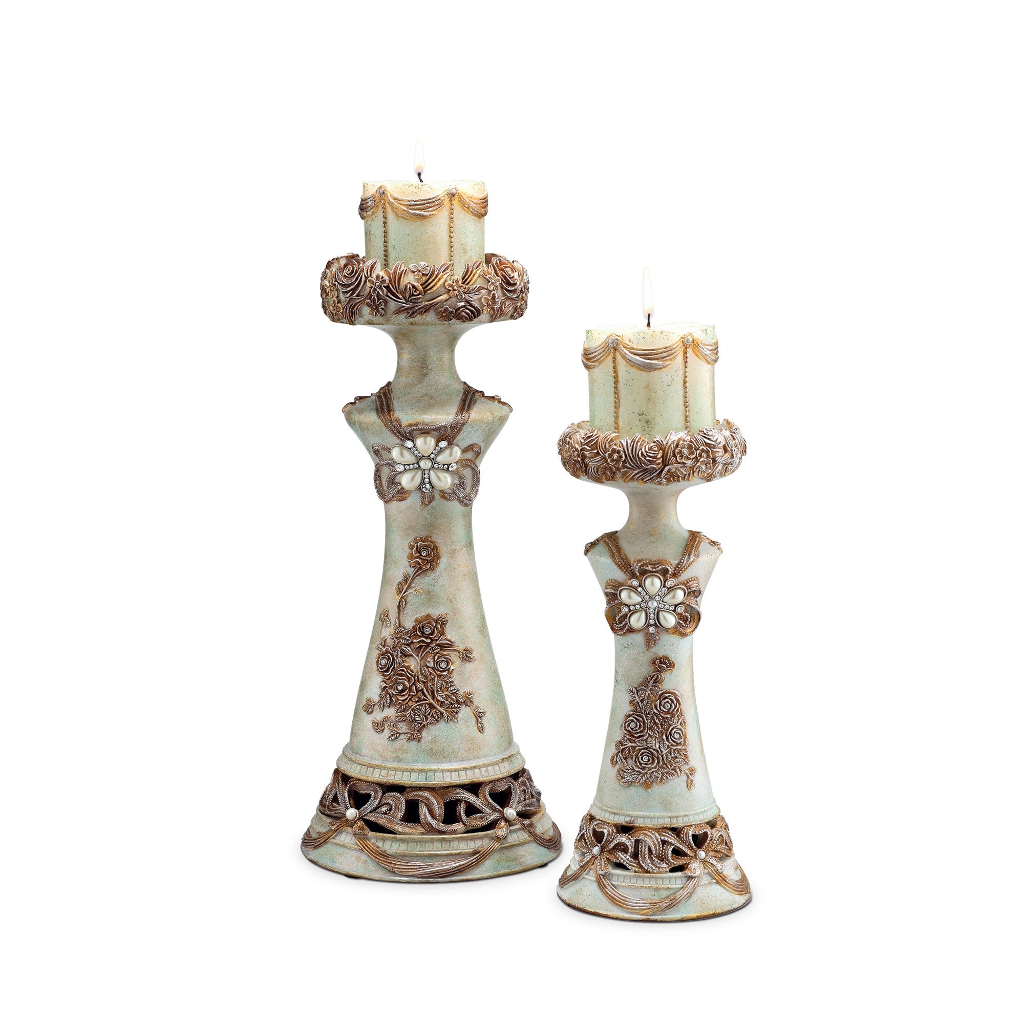 Set of 2 Beige And Brown Vintage Pillar Tabletop Candle Holders-Candle Holders-DECOROLALA