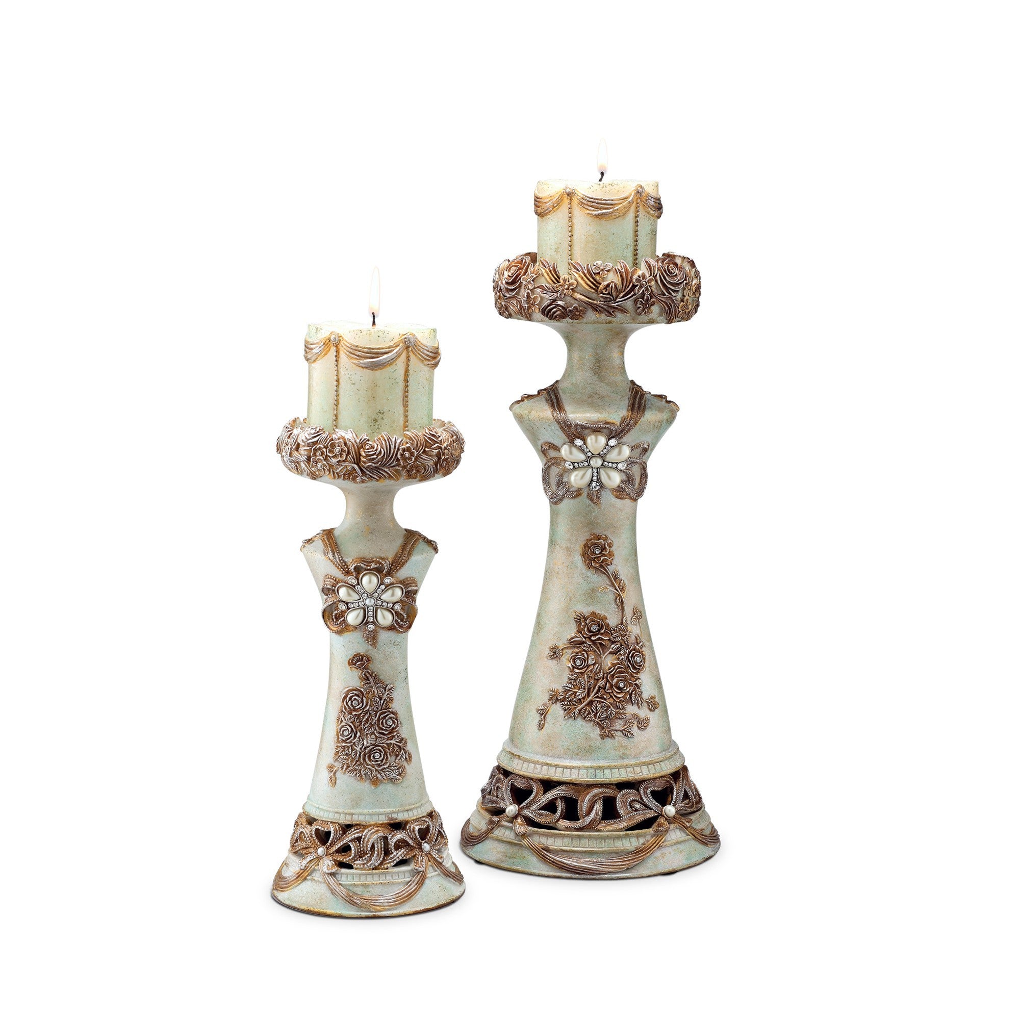 Set of 2 Beige And Brown Vintage Pillar Tabletop Candle Holders-Candle Holders-DECOROLALA