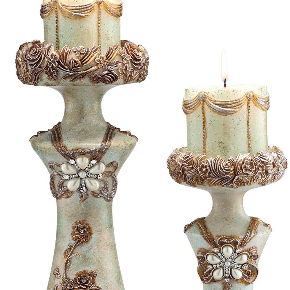 Set of 2 Beige And Brown Vintage Pillar Tabletop Candle Holders-Candle Holders-DECOROLALA