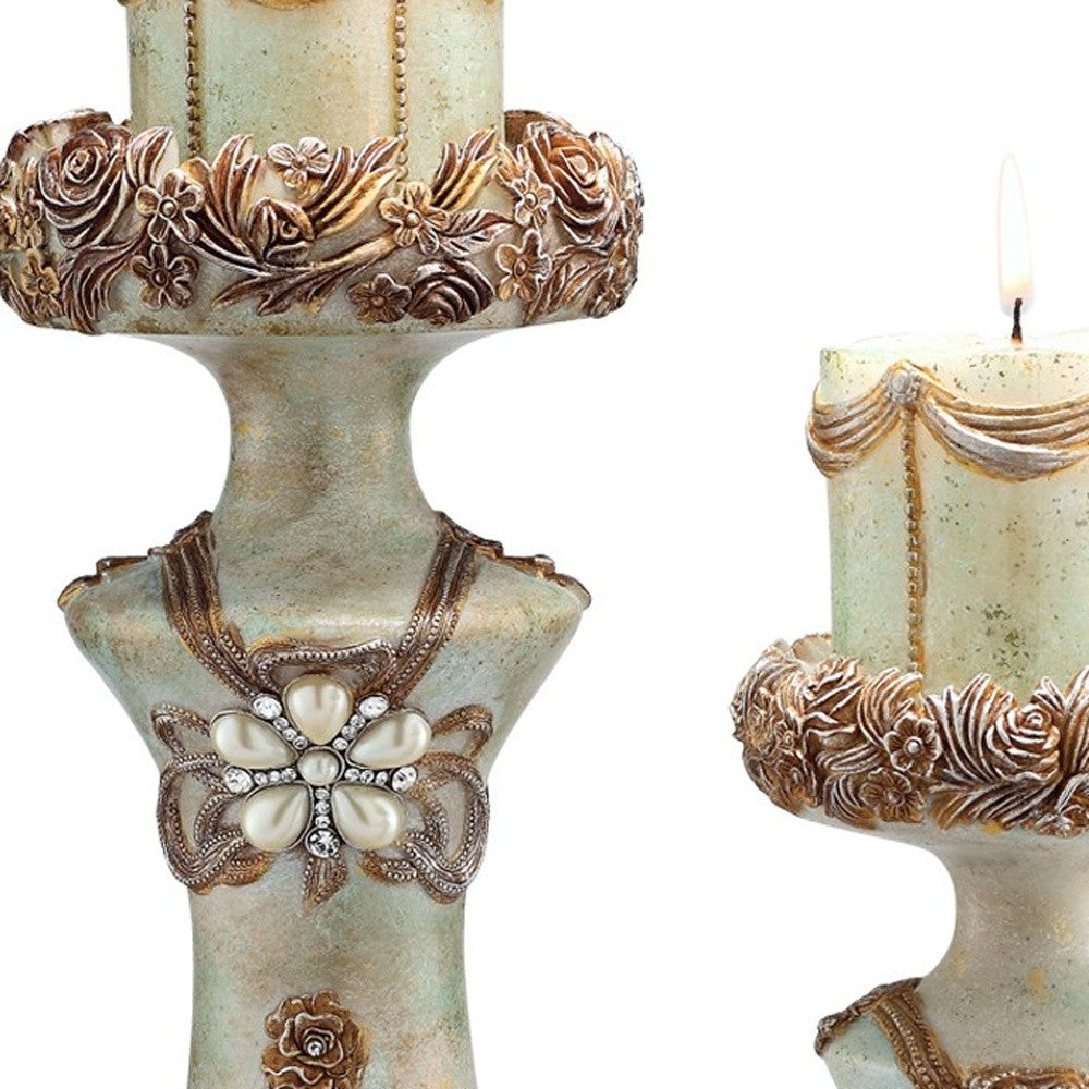 Set of 2 Beige And Brown Vintage Pillar Tabletop Candle Holders-Candle Holders-DECOROLALA