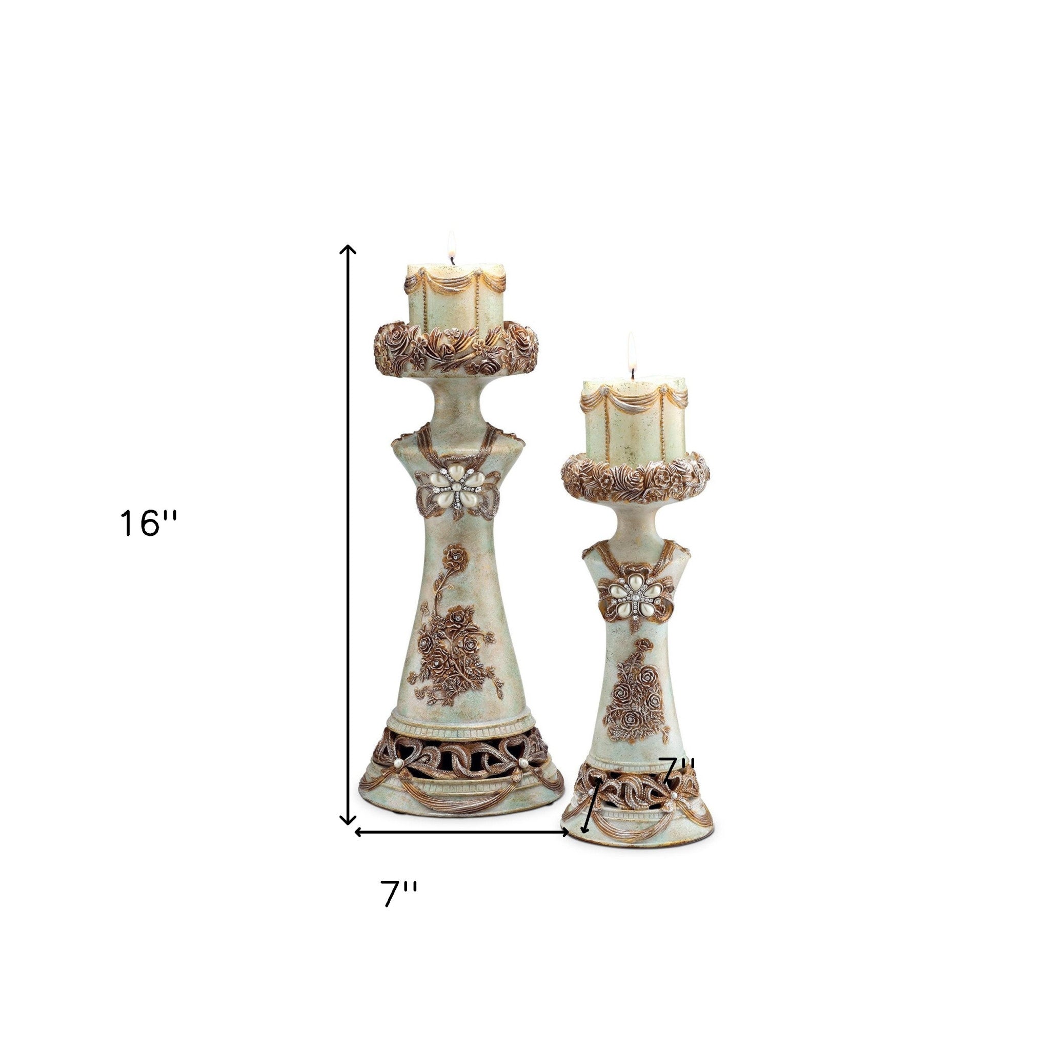 Set of 2 Beige And Brown Vintage Pillar Tabletop Candle Holders-Candle Holders-DECOROLALA