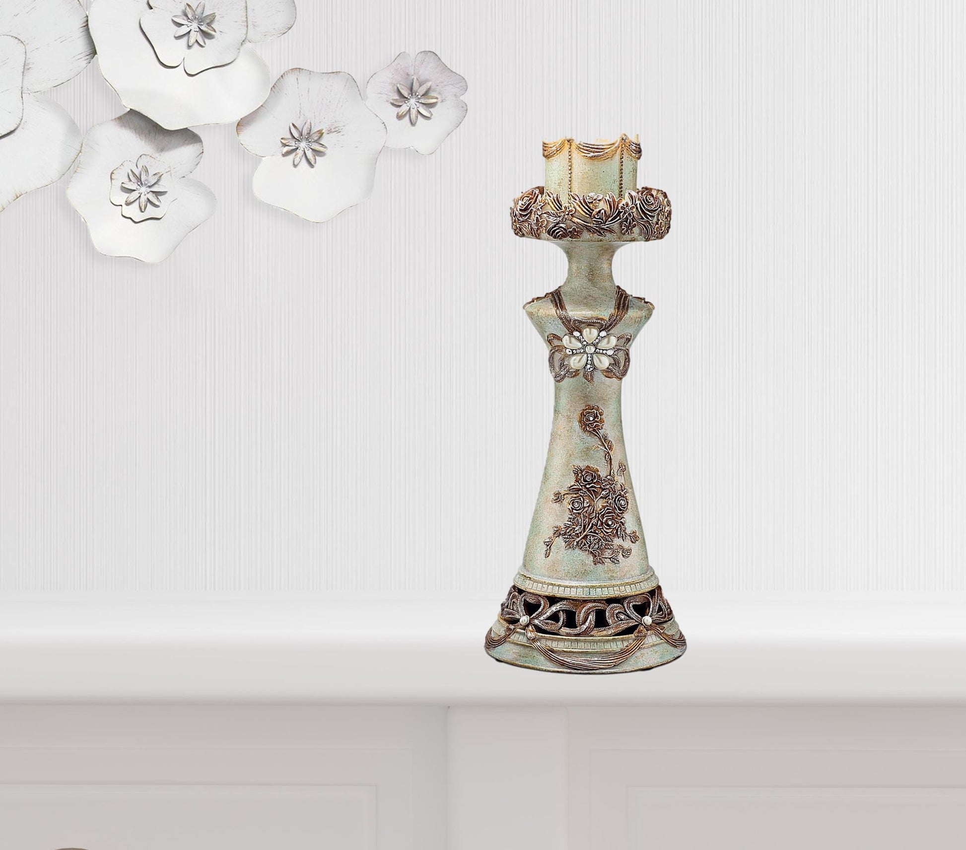 Set of 2 Beige And Brown Vintage Pillar Tabletop Candle Holders-Candle Holders-DECOROLALA