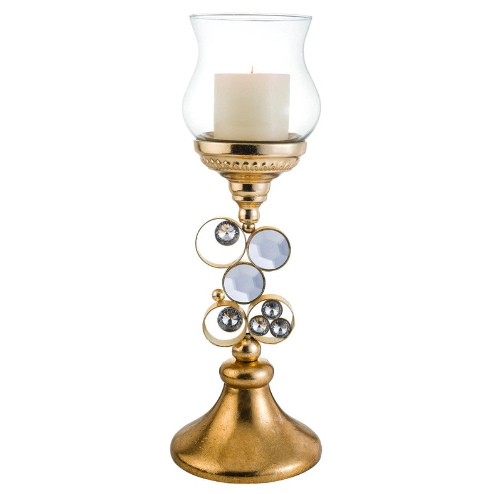 18" Gold and Faux Crystal Bling Tabletop Hurricane Candle Holder-Candle Holders-DECOROLALA