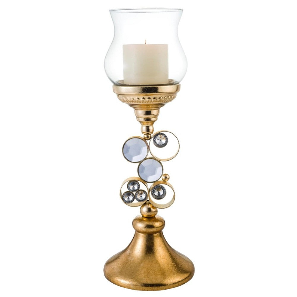 18" Gold and Faux Crystal Bling Tabletop Hurricane Candle Holder-Candle Holders-DECOROLALA