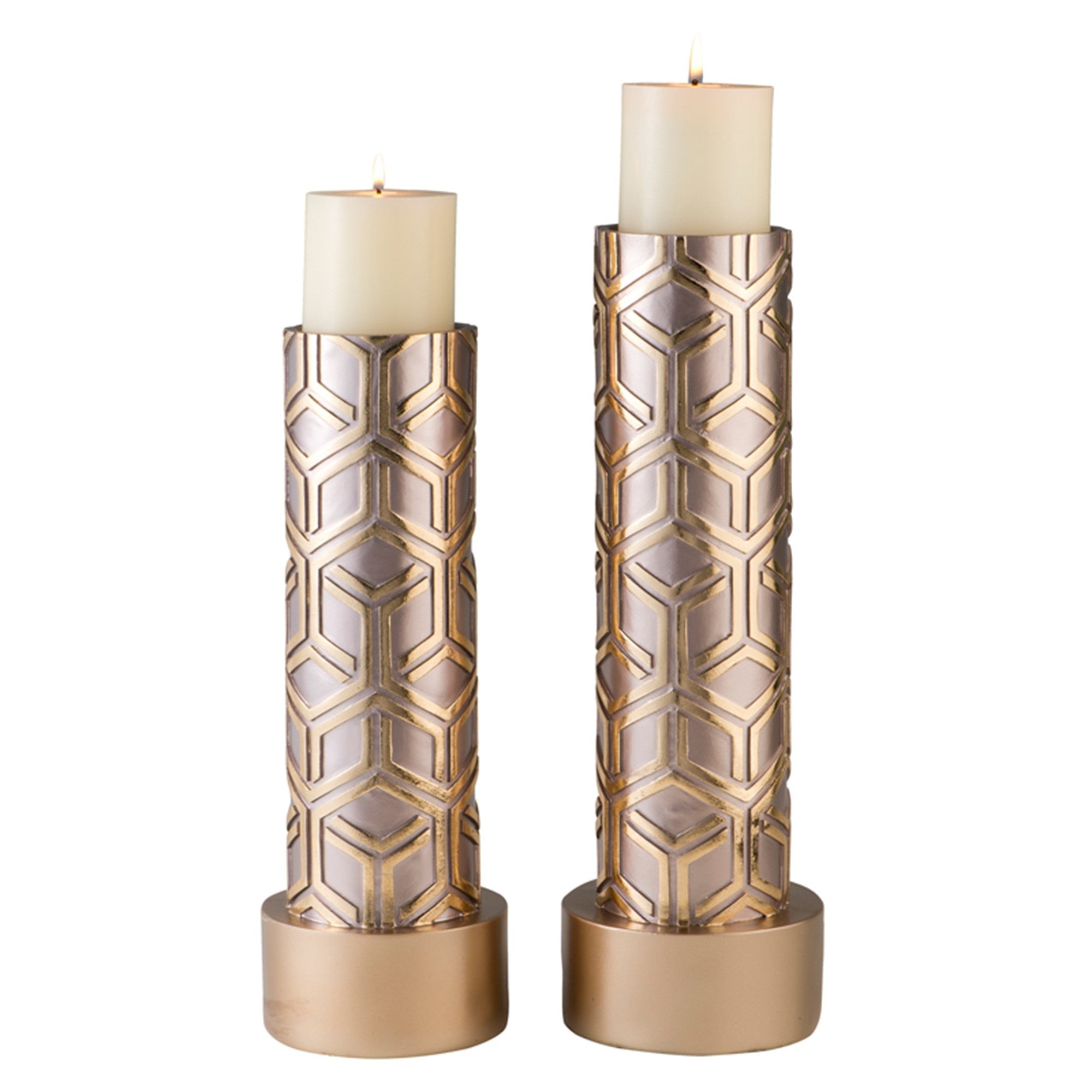 Set Of Two Gold Tabletop Pillar Candle Holders-Candle Holders-DECOROLALA