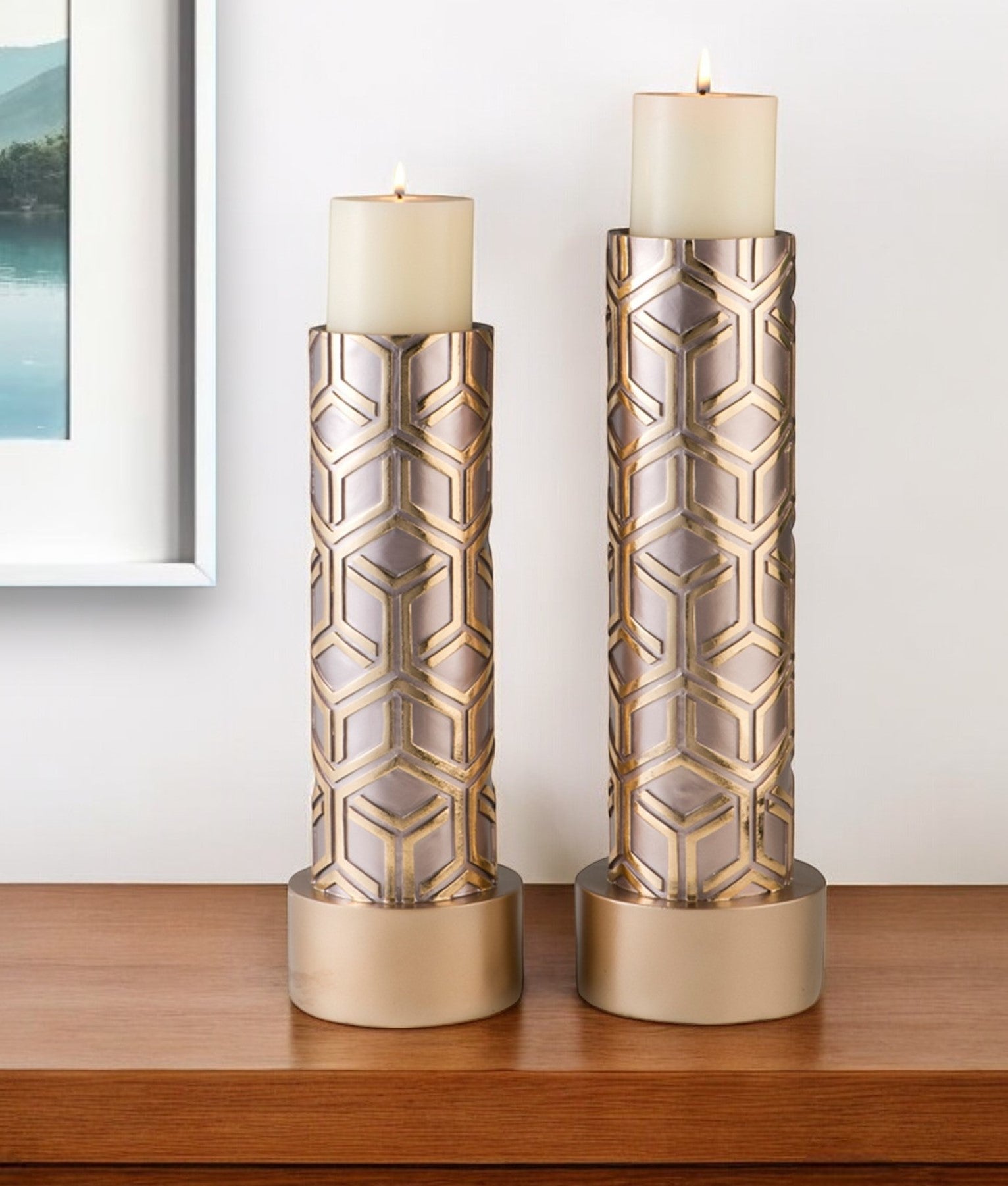 Set Of Two Gold Tabletop Pillar Candle Holders-Candle Holders-DECOROLALA