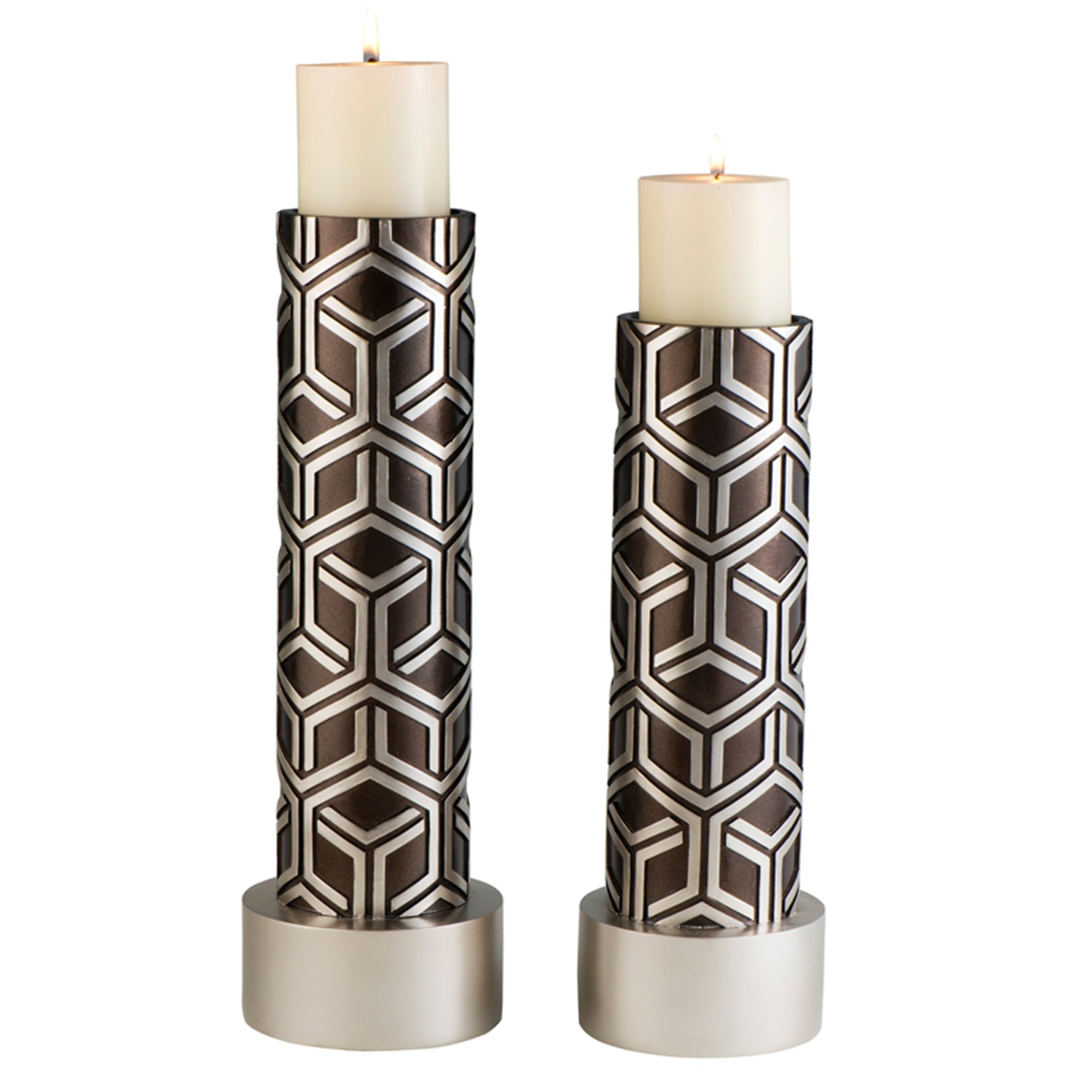 Set Of Two Espresso and Silver Pillar Tabletop Pillar Candle Holders-Candle Holders-DECOROLALA
