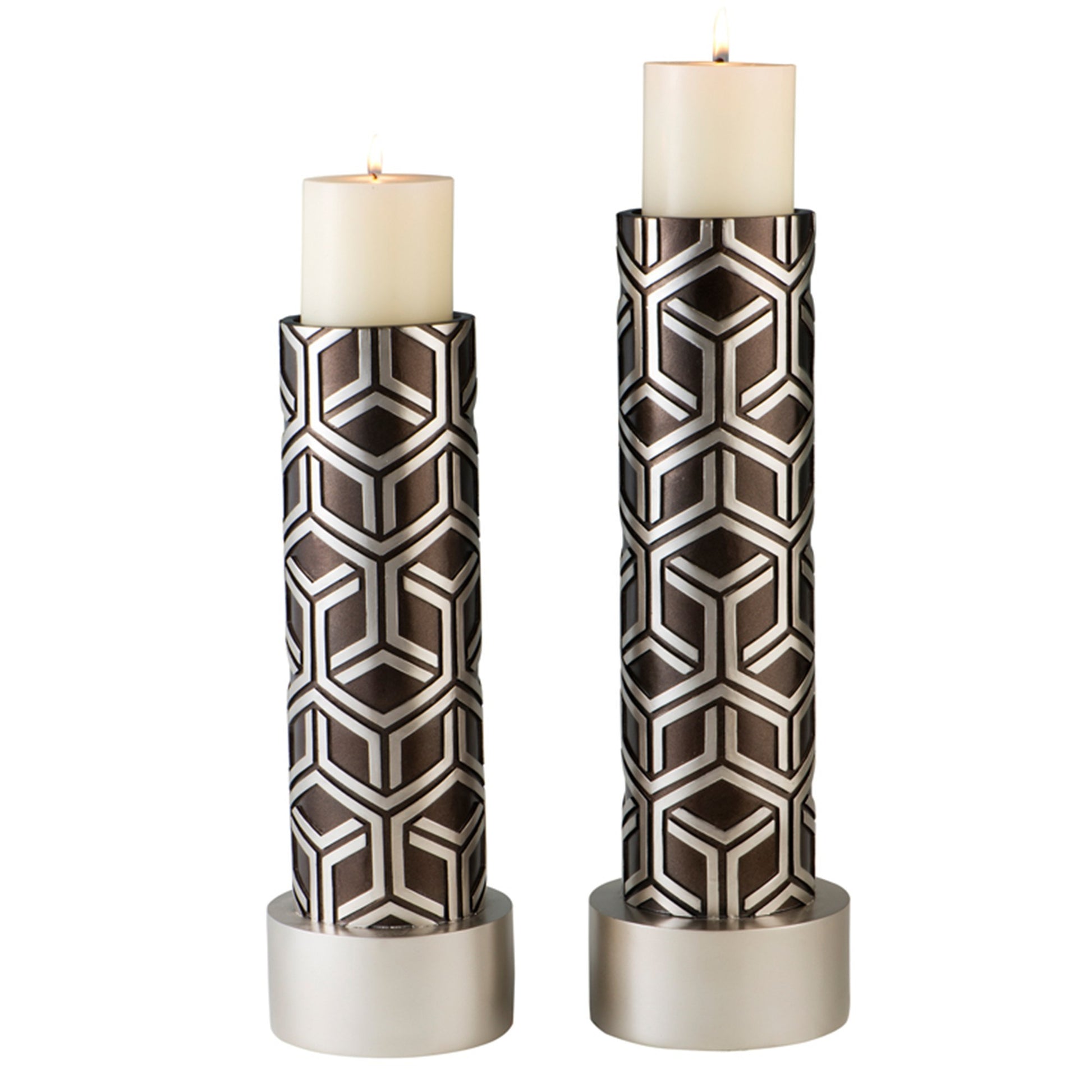 Set Of Two Espresso and Silver Pillar Tabletop Pillar Candle Holders-Candle Holders-DECOROLALA