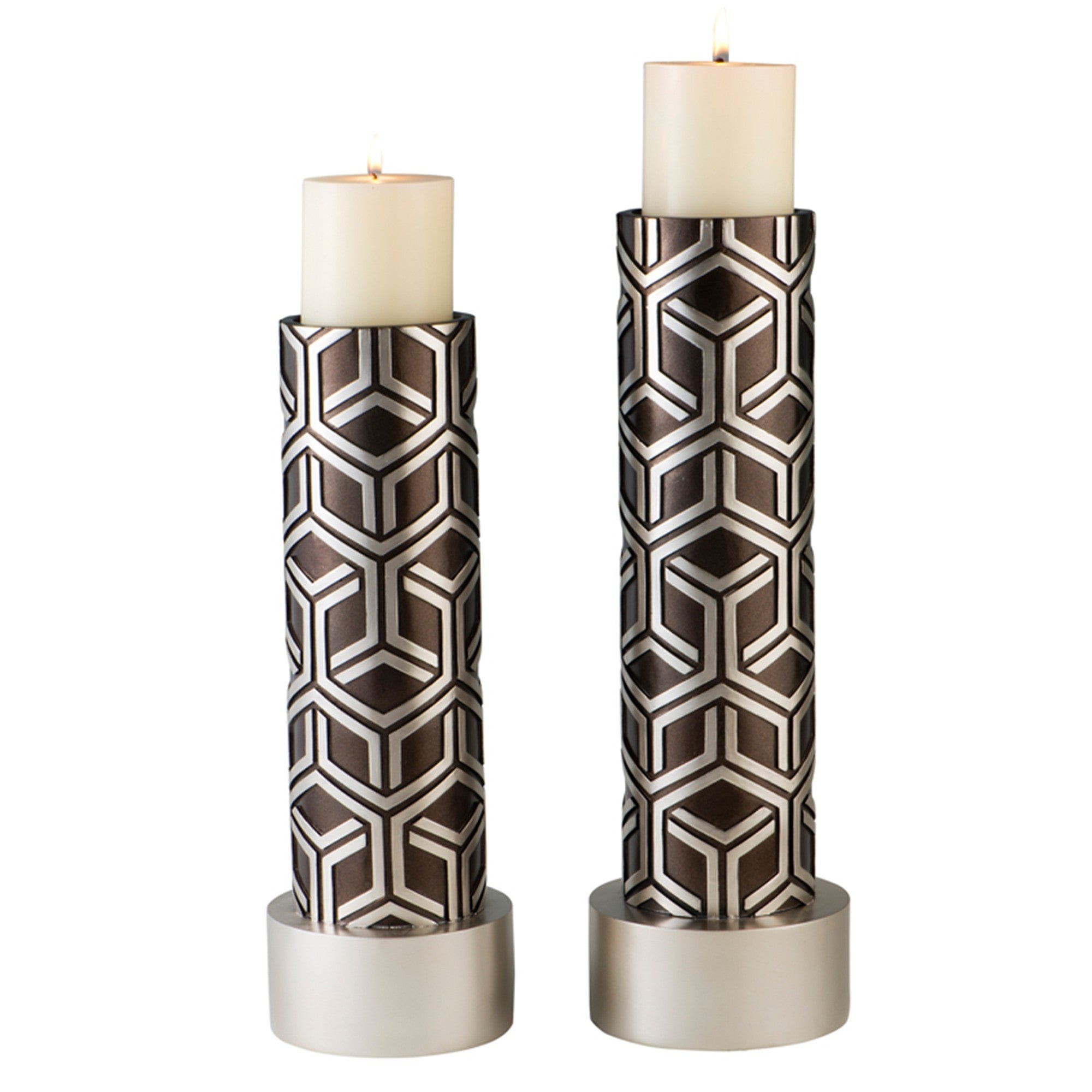 Set Of Two Espresso and Silver Pillar Tabletop Pillar Candle Holders-Candle Holders-DECOROLALA