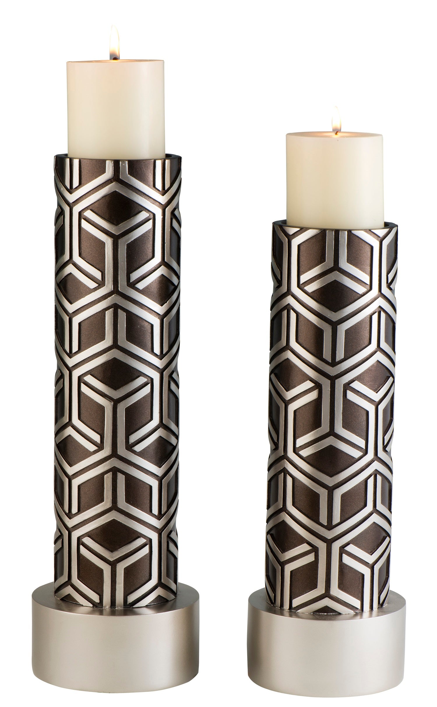 Set Of Two Espresso and Silver Pillar Tabletop Pillar Candle Holders-Candle Holders-DECOROLALA