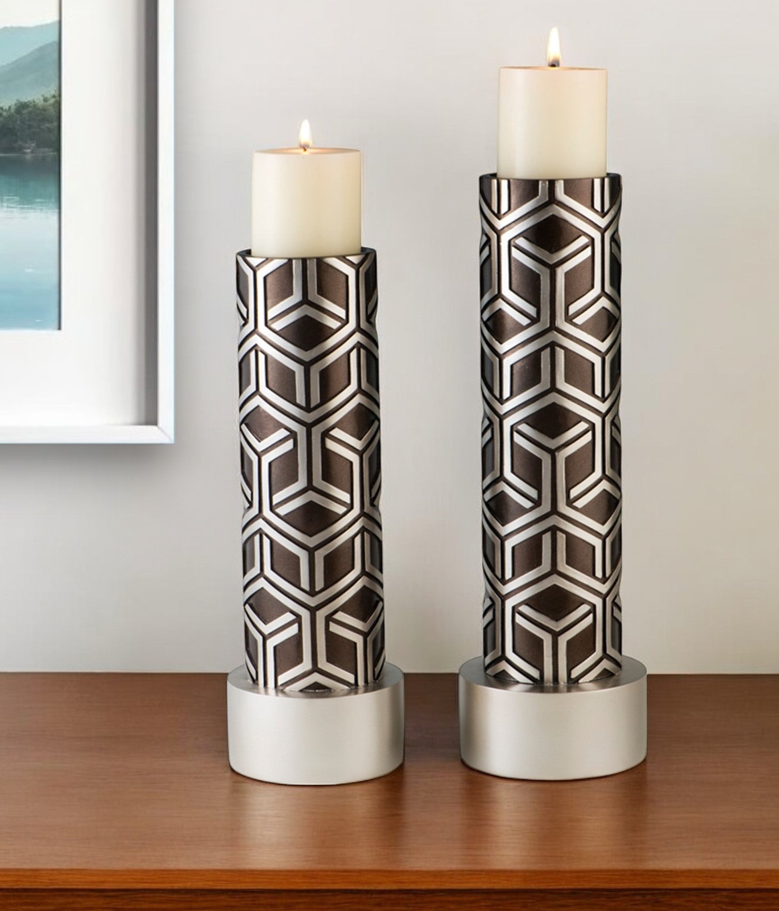 Set Of Two Espresso and Silver Pillar Tabletop Pillar Candle Holders-Candle Holders-DECOROLALA