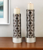 Set Of Two Espresso and Silver Pillar Tabletop Pillar Candle Holders-Candle Holders-DECOROLALA