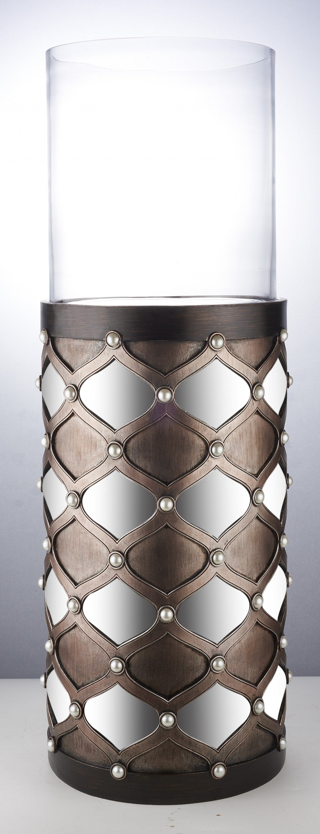31" Bronze and Silver with Pearls Floor Hurricane Candle Holder-Candle Holders-DECOROLALA