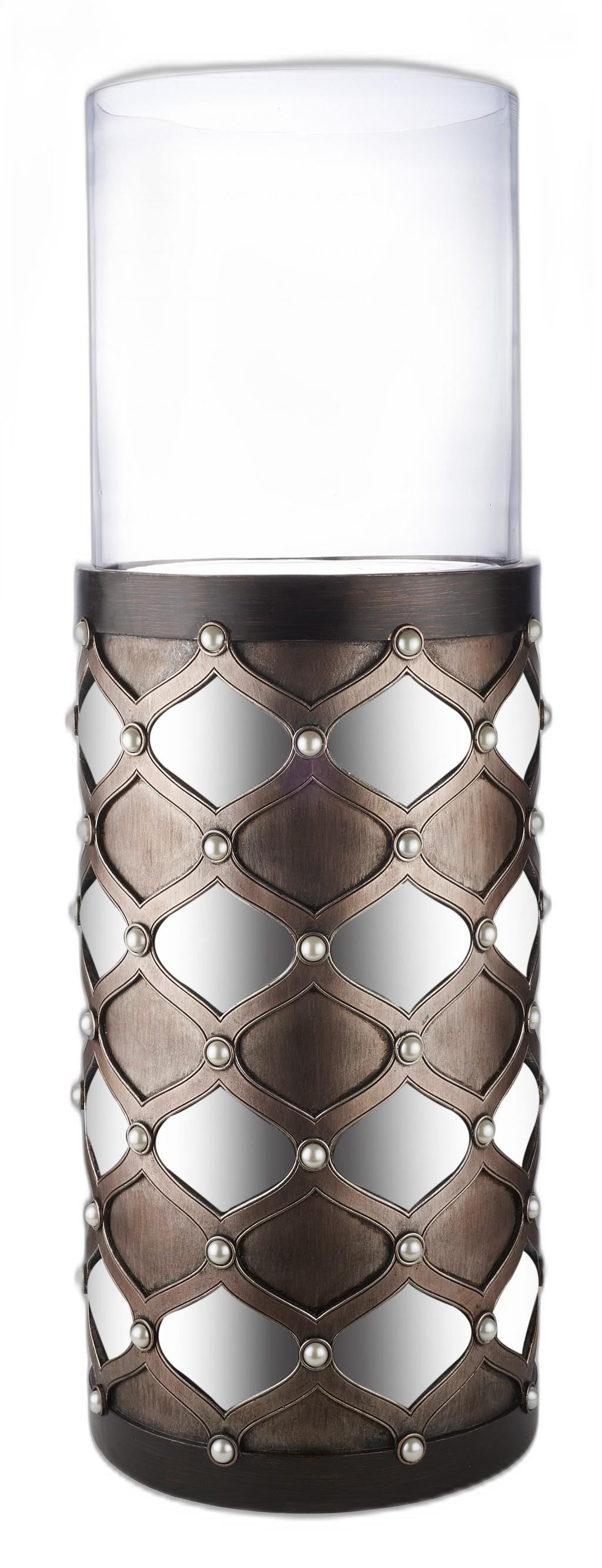 31" Bronze and Silver with Pearls Floor Hurricane Candle Holder-Candle Holders-DECOROLALA