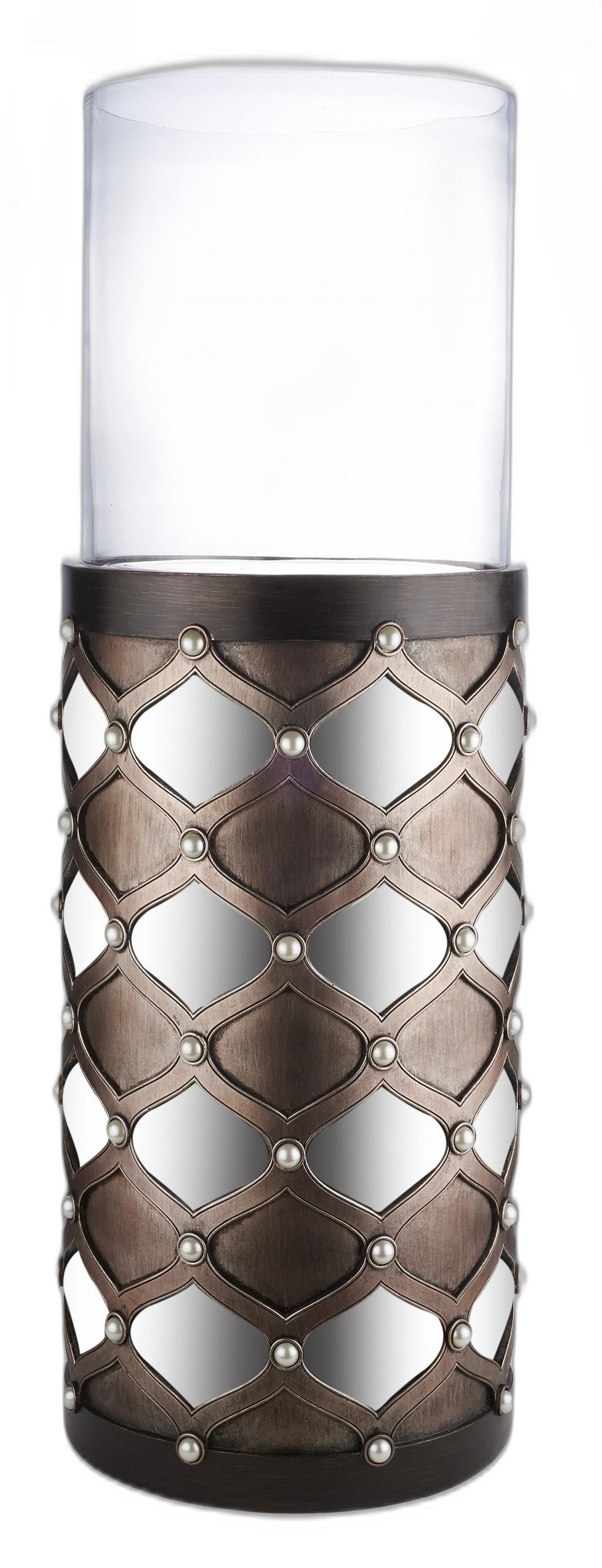 31" Bronze and Silver with Pearls Floor Hurricane Candle Holder-Candle Holders-DECOROLALA
