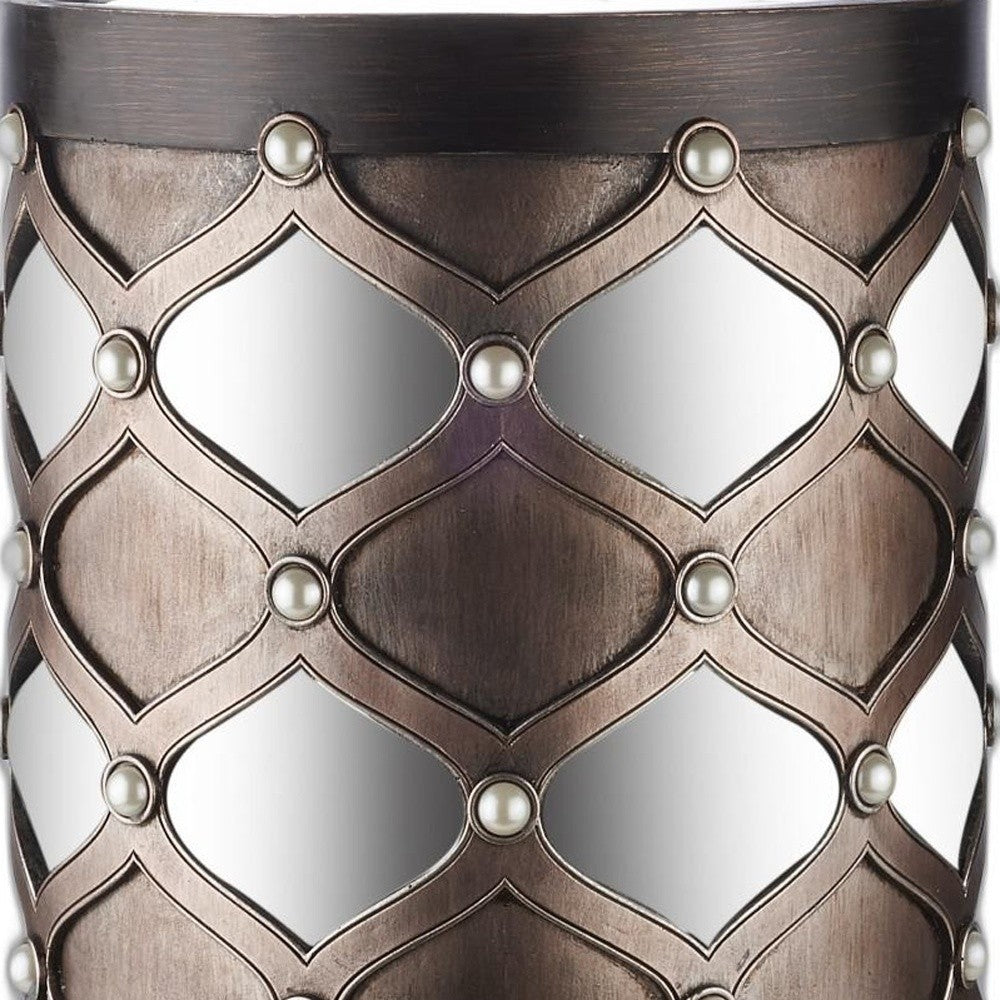 31" Bronze and Silver with Pearls Floor Hurricane Candle Holder-Candle Holders-DECOROLALA