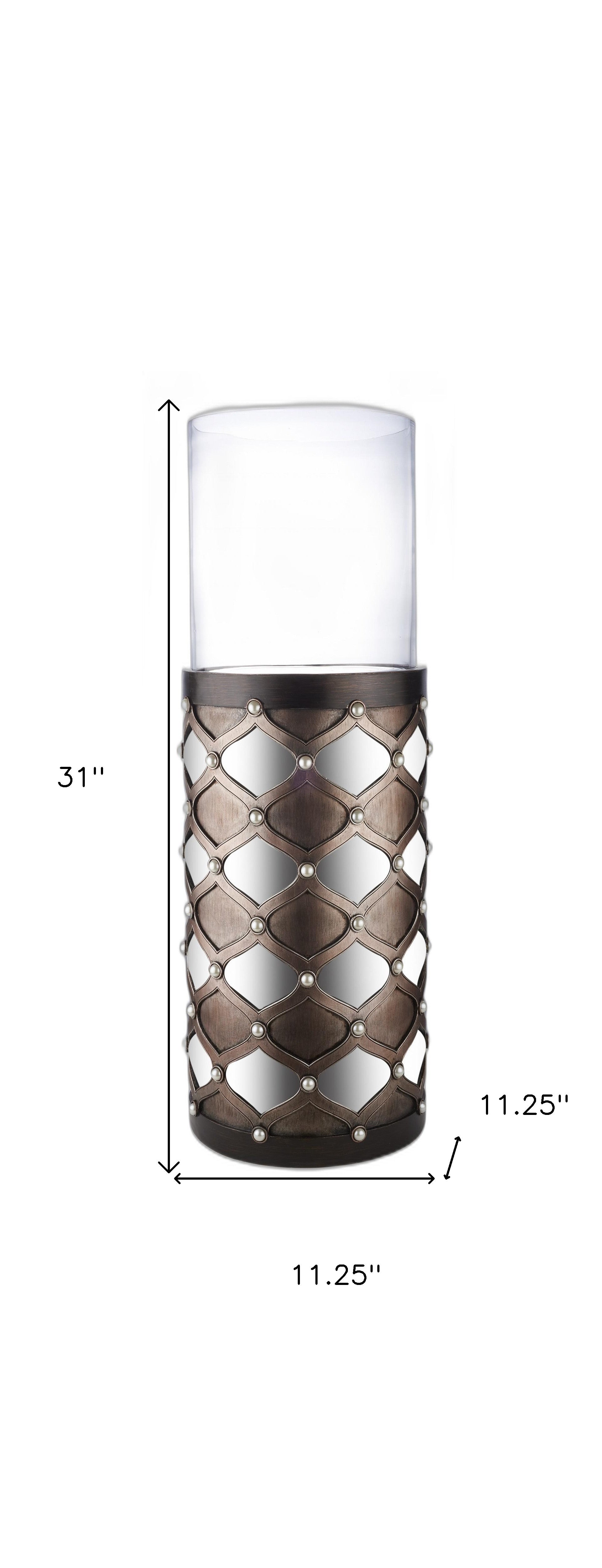31" Bronze and Silver with Pearls Floor Hurricane Candle Holder-Candle Holders-DECOROLALA