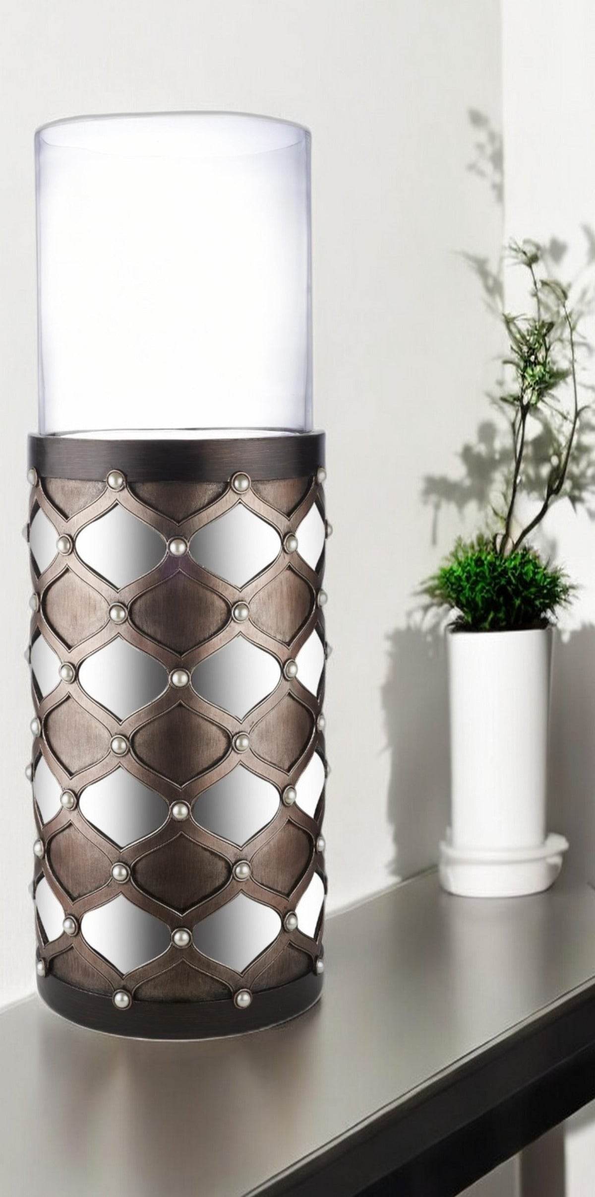 31" Bronze and Silver with Pearls Floor Hurricane Candle Holder-Candle Holders-DECOROLALA