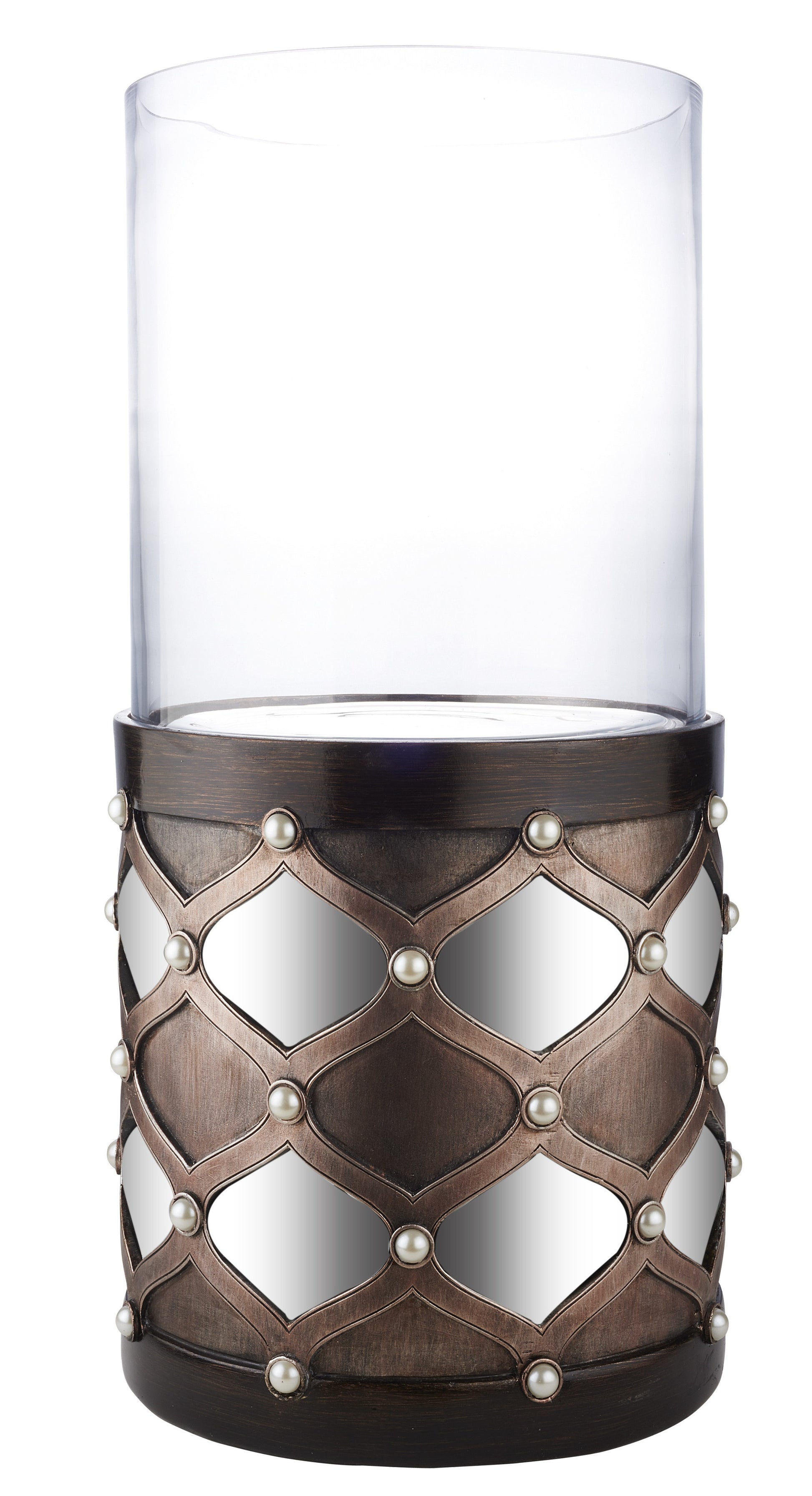22" Bronze and Silver with Pearls Tabletop Hurricane Candle Holder-Candle Holders-DECOROLALA