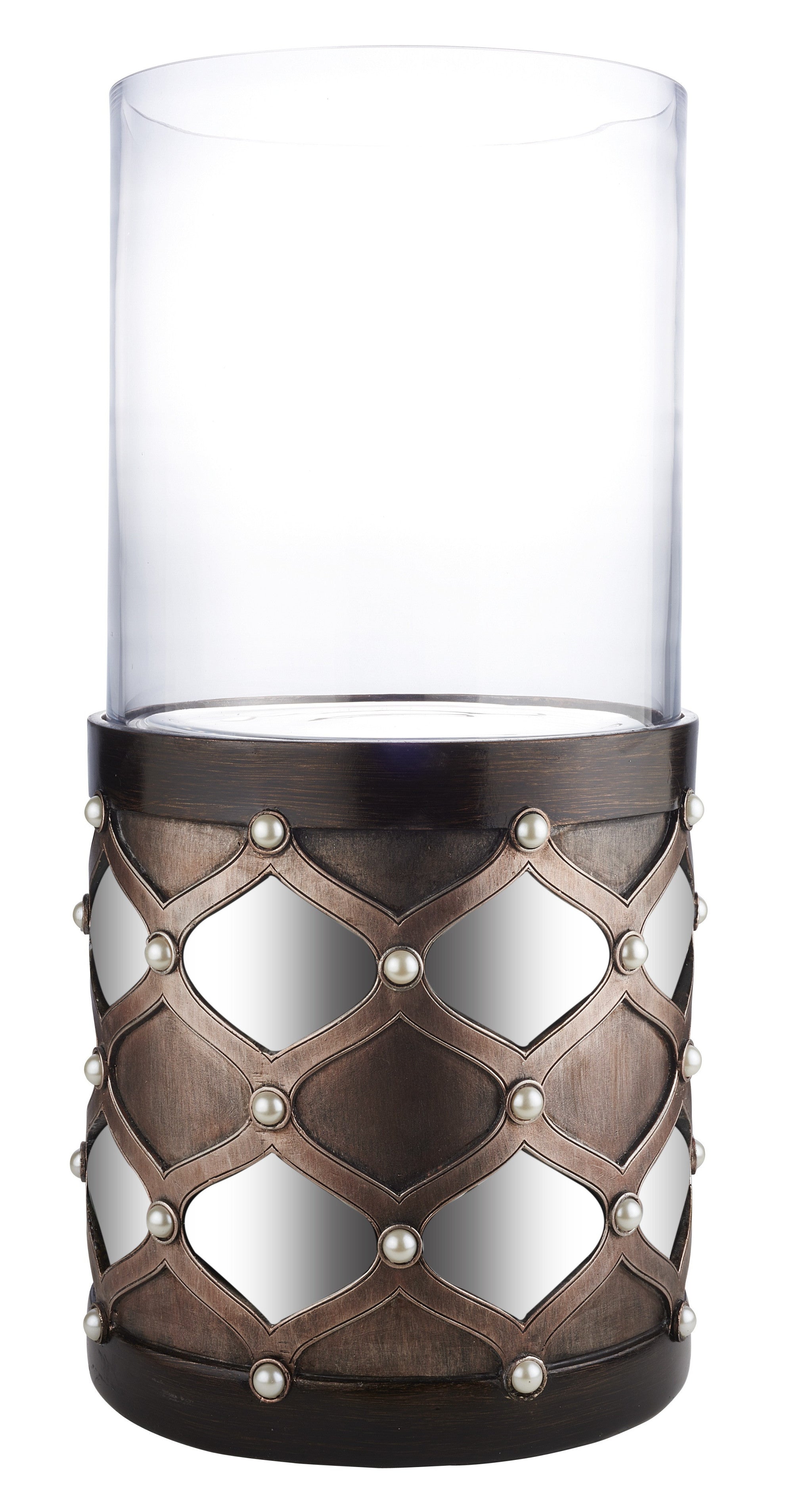 22" Bronze and Silver with Pearls Tabletop Hurricane Candle Holder-Candle Holders-DECOROLALA