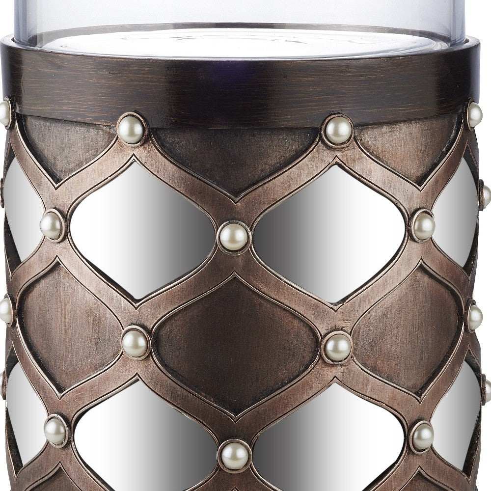 22" Bronze and Silver with Pearls Tabletop Hurricane Candle Holder-Candle Holders-DECOROLALA