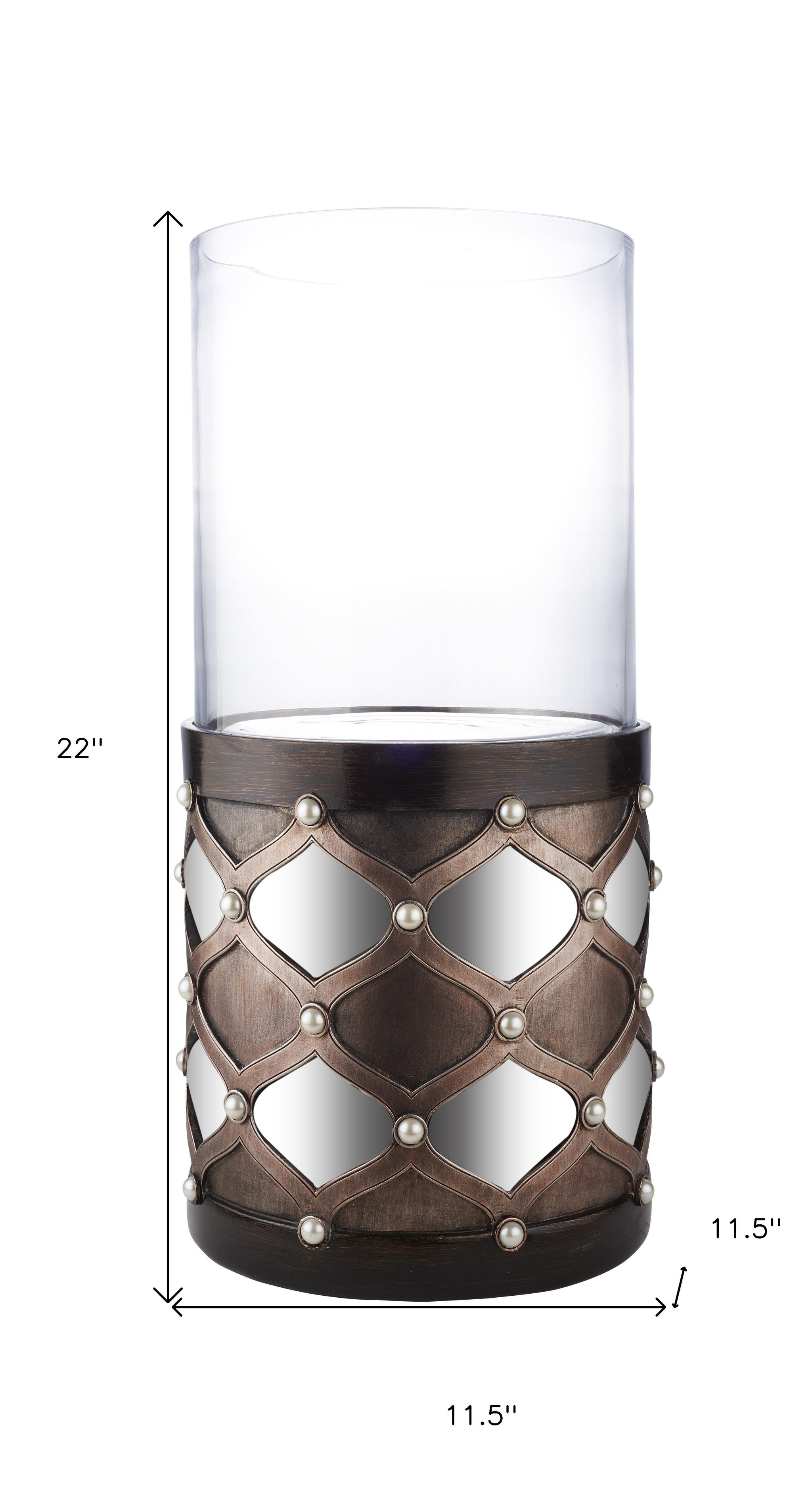 22" Bronze and Silver with Pearls Tabletop Hurricane Candle Holder-Candle Holders-DECOROLALA