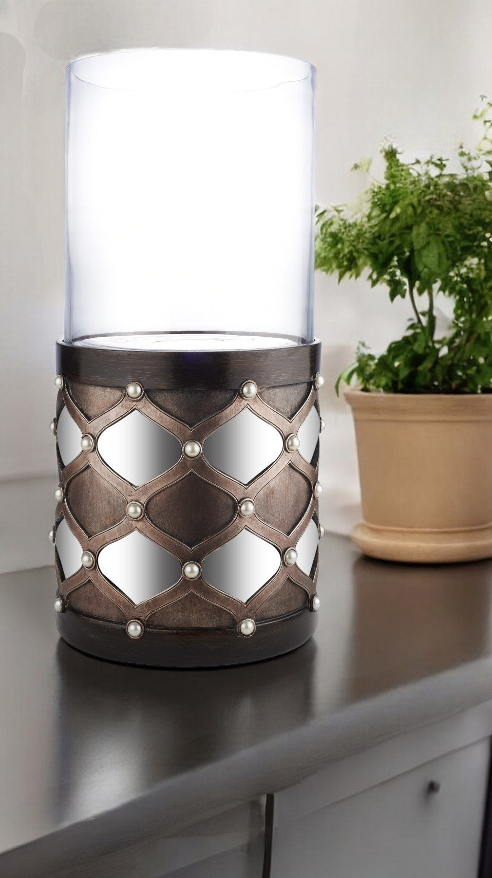 22" Bronze and Silver with Pearls Tabletop Hurricane Candle Holder-Candle Holders-DECOROLALA