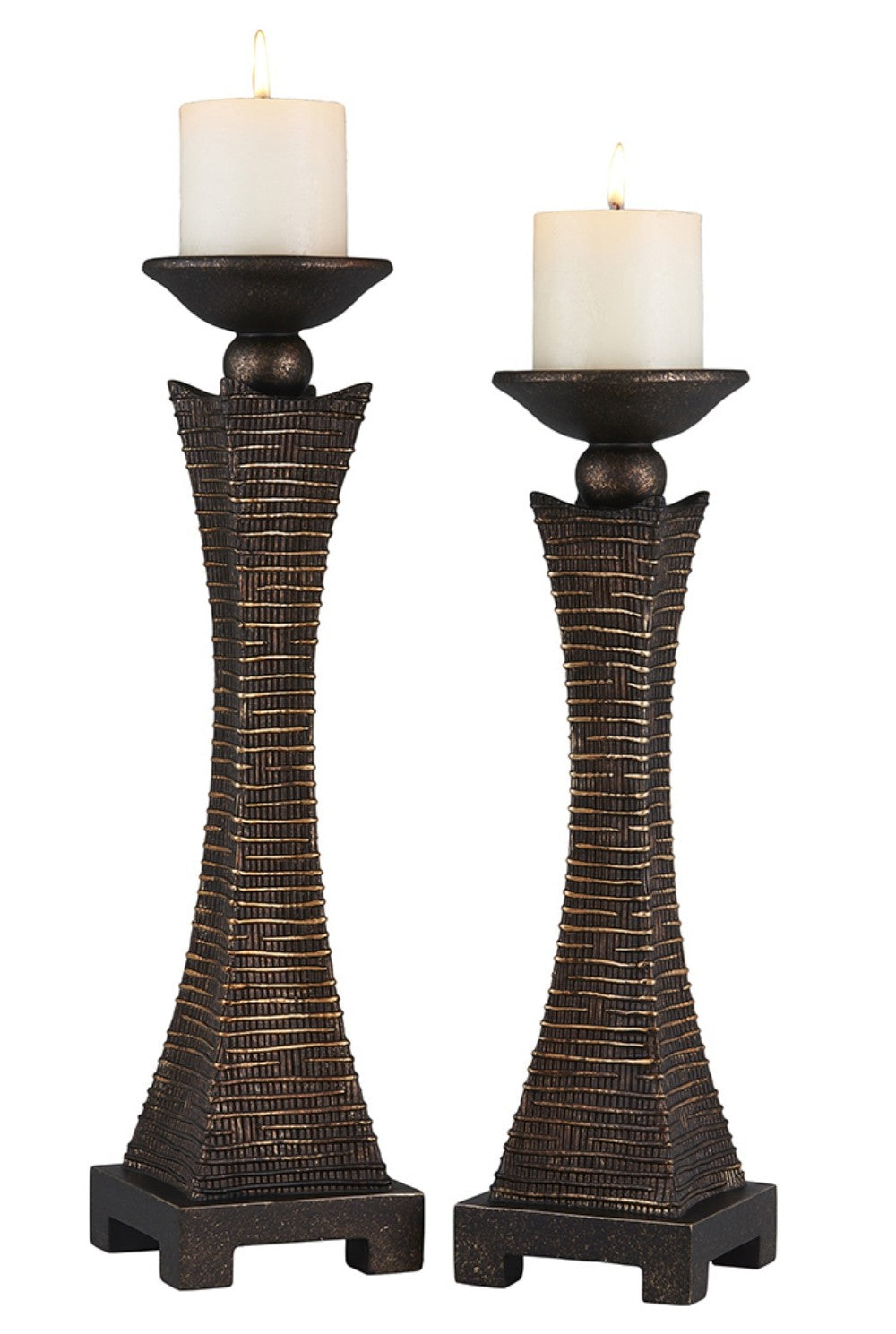 Set of Two Bronze Polyresin Woven Tabletop Pillar Candle Holders With Candle-Candle Holders-DECOROLALA
