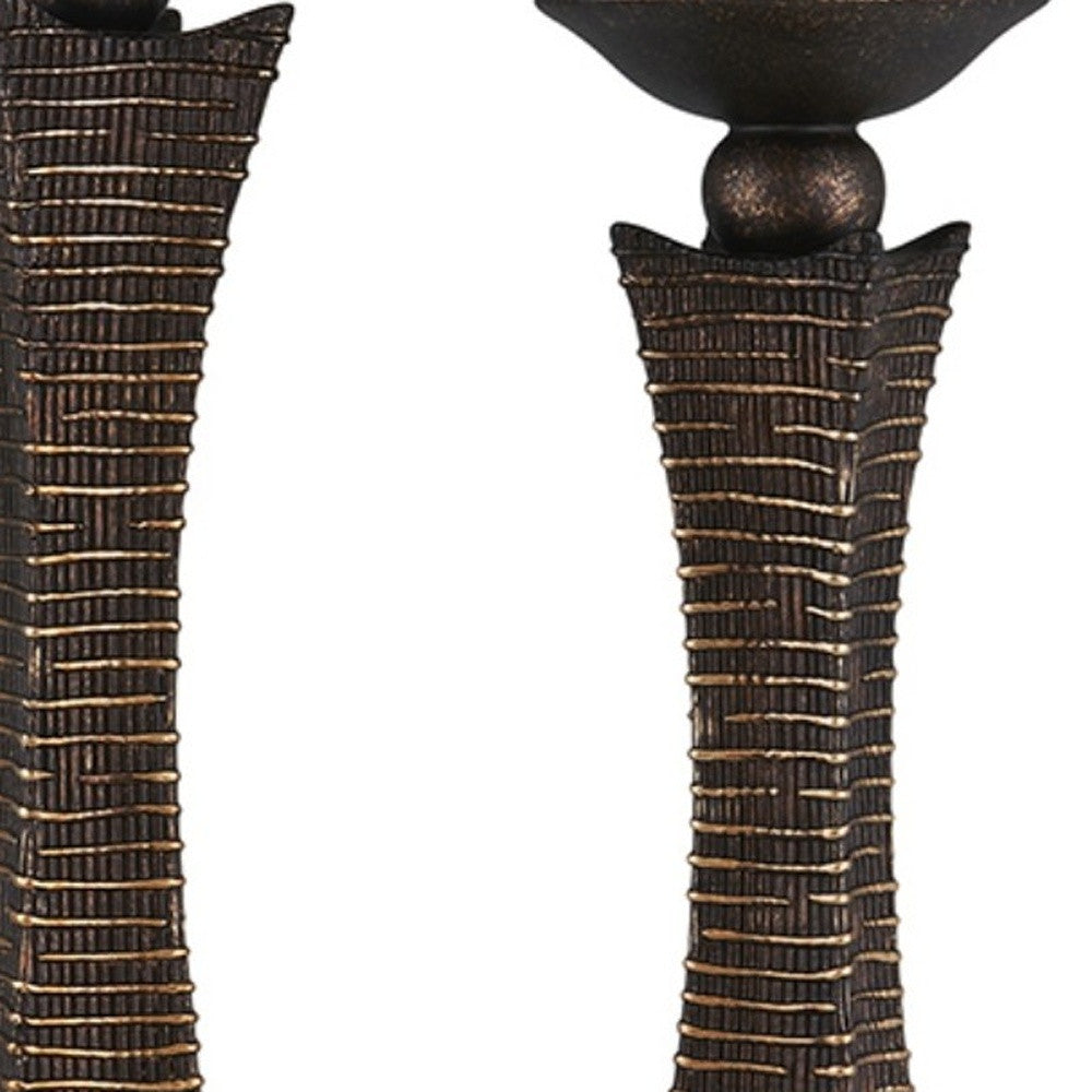 Set of Two Bronze Polyresin Woven Tabletop Pillar Candle Holders With Candle-Candle Holders-DECOROLALA