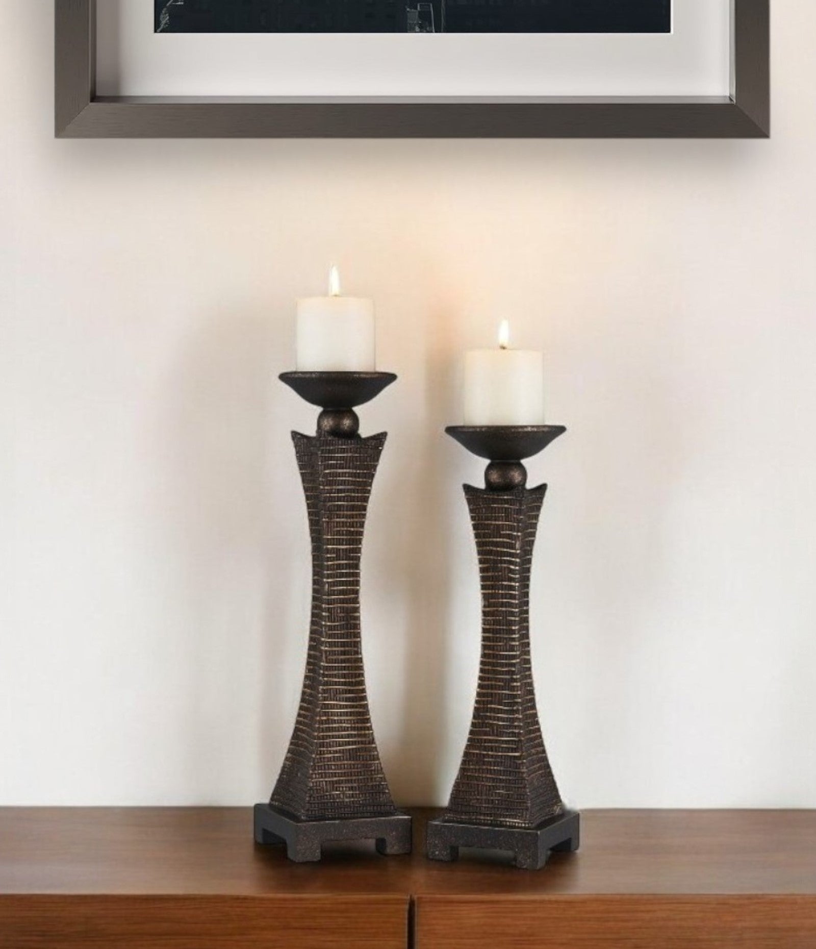 Set of Two Bronze Polyresin Woven Tabletop Pillar Candle Holders With Candle-Candle Holders-DECOROLALA
