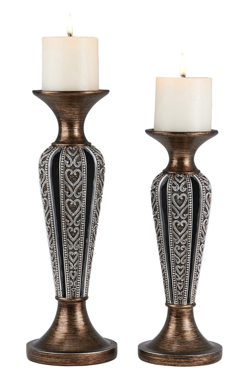 Set of Two Bronze and Silver Polyresin Hearts Centerpiece Pillar Candle Holders With Candle-Candle Holders-DECOROLALA