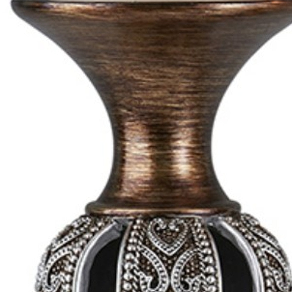 Set of Two Bronze and Silver Polyresin Hearts Centerpiece Pillar Candle Holders With Candle-Candle Holders-DECOROLALA