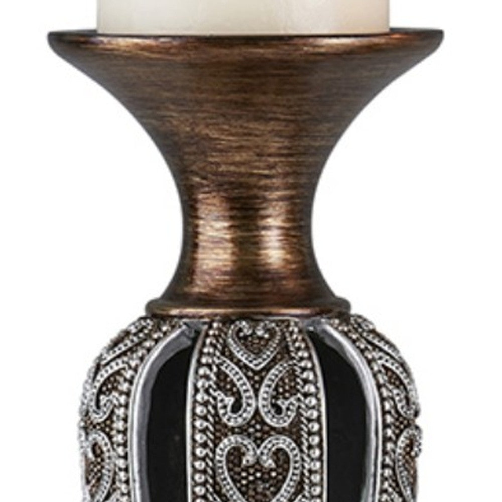 Set of Two Bronze and Silver Polyresin Hearts Centerpiece Pillar Candle Holders With Candle-Candle Holders-DECOROLALA
