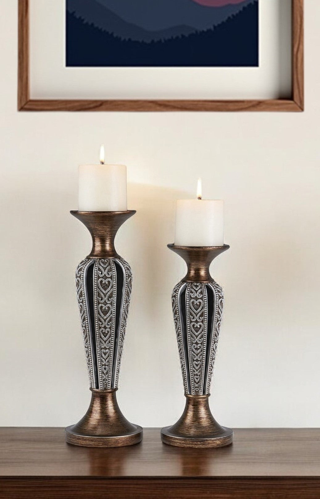 Set of Two Bronze and Silver Polyresin Hearts Centerpiece Pillar Candle Holders With Candle-Candle Holders-DECOROLALA