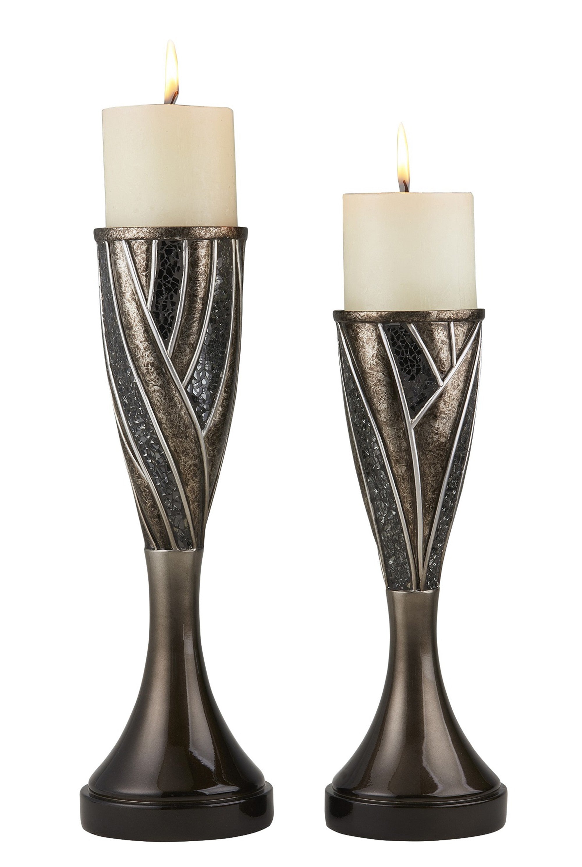 Set of Two Black Silver and Bronze Polyresin Abstract Centerpiece Pillar Candle Holders With Candle-Candle Holders-DECOROLALA